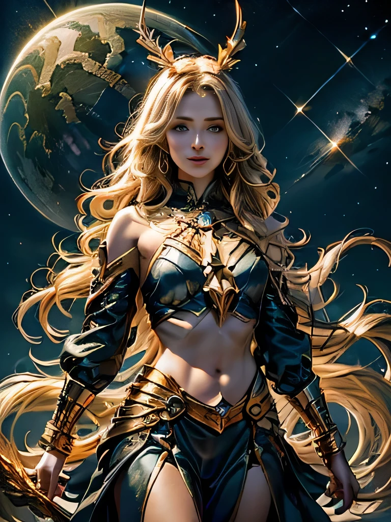 Sagittarius pictureagical Golden Sagittarius Star，Image of an archer, archer, archer in hand.，（The upper body is an image of the human body., The lower body is in the shape of a horse.），((Charming Sagittarius female character:1.2),(Sagittarius symbol:1.1),starry background,twinkling stars,mysterious feeling,elements of the universe,Beautiful and deep atmosphere,Gorgeous decorative details,charming eyes,Long, flowing hair,starlight decoration,color of dreams)