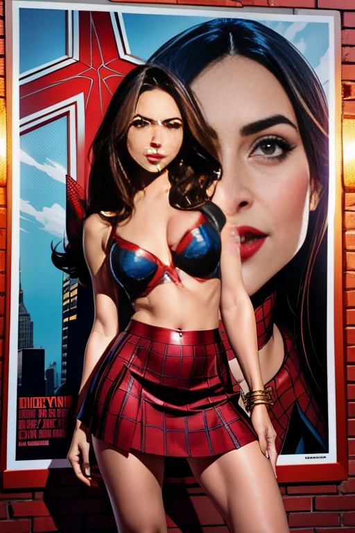 Eliza Dushku、マーベル・コミック映画のPoster, Very beautiful, Movies about Spiderman, sexy, whole body, I'm wearing a skirt、Premiere date, Poster、belly buttonを突き出す、new york、She&#39;s wearing a torn Spider-Man suit,The suit is torn、Wearing a skirt、 Red and black color scheme,dynamic、masterpiece、highest quality、Ultra-detailed、Very detailed、A delicate and beautiful shine、超A high resolution、Cinematic,Break,Breakdrop,(Torn clothes:1.5), (Wet clothes:1.4), Bare shoulders,Real Rain,Wet Hair,belly button、Exposing Skin、sexyな肩を見せてる