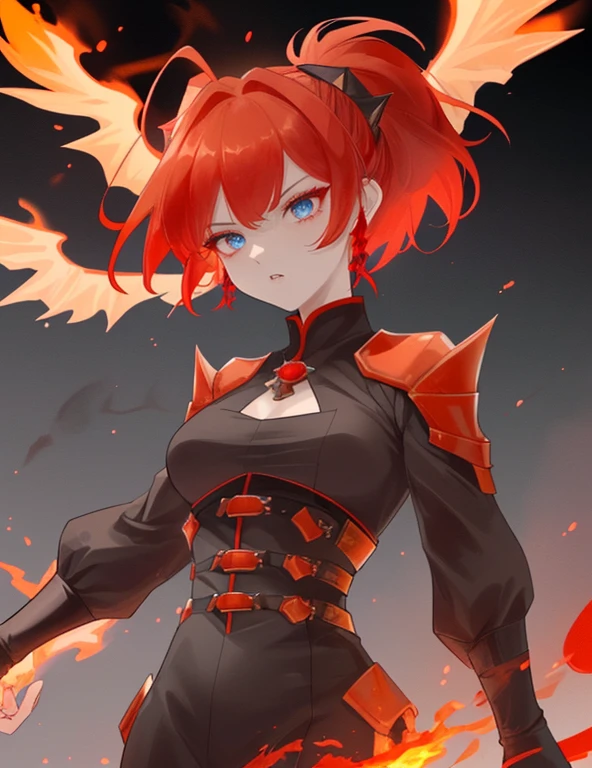 Look like a 20yr young woman but is can turn into Winged Fire dragon (https://www.dragon-mania-legends.wiki/wiki/Fire_Dragon), her hair short made her look like a boy, red and bright red hair color, Overprotective and Strong but kind and energetic, bright blue eyes Color, Three yellow horns protrude from the back of her head, with several smaller gray horns encircling the central yellow horn, a gaping jaw with a fiery mouth. Two dark gray spikes jut out of the nape of the her neck, Blazing fire erupts from the top of her head, wear a 20yr woman leader adventure outfit color red with flame Patterns, holding a some weapon that fit her as a fire, main color is red and bright red, the gender is female, look like in the Vikings era, Often exhibiting a fiery temperament, she emit scorching flames when heavily Often exhibiting a fiery temperament or when she get dust up her nostrils