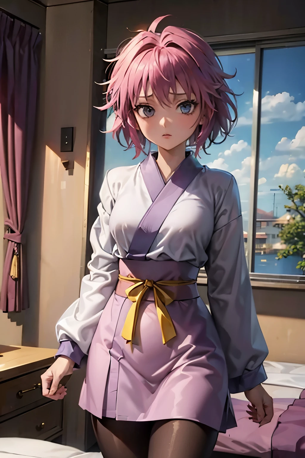 Gusset、Hunter x Hunter、Pink Hair、Short Hair、((pantyhose))、Photo from below、Medium chest、Bedroom、Mini Kimono