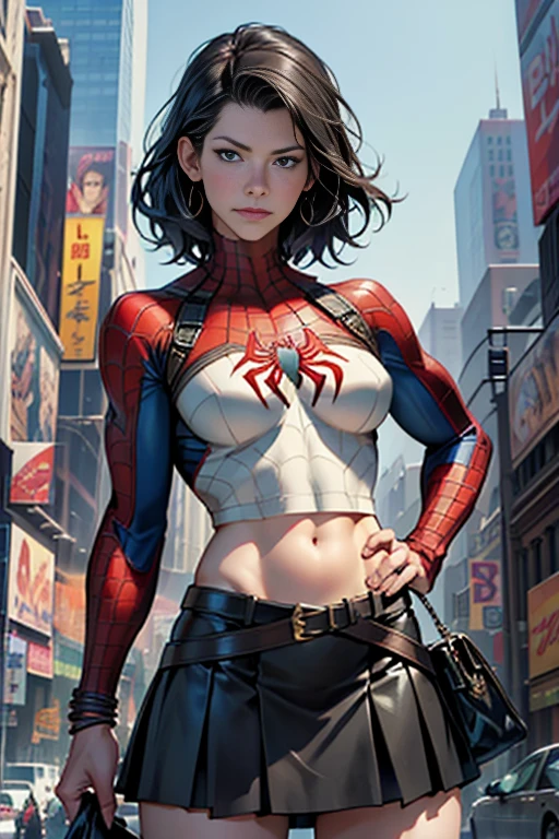 Evangeline Lilly、マーベル・コミック映画のPoster, Very beautiful, Movies about Spiderman, sexy, whole body, I'm wearing a skirt、Premiere date, Poster、belly buttonを突き出す、new york、She's wearing a torn Spider-Man suit,The suit is torn、Wearing a skirt、 Red and black color scheme,dynamic、masterpiece、highest quality、Ultra-detailed、Very detailed、A delicate and beautiful shine、超A high resolution、Cinematic,Break,Breakdrop,(Torn clothes:1.5), (Wet clothes:1.4), Bare shoulders,Real Rain,Wet Hair,belly button、Exposing Skin、sexyな肩を見せてる