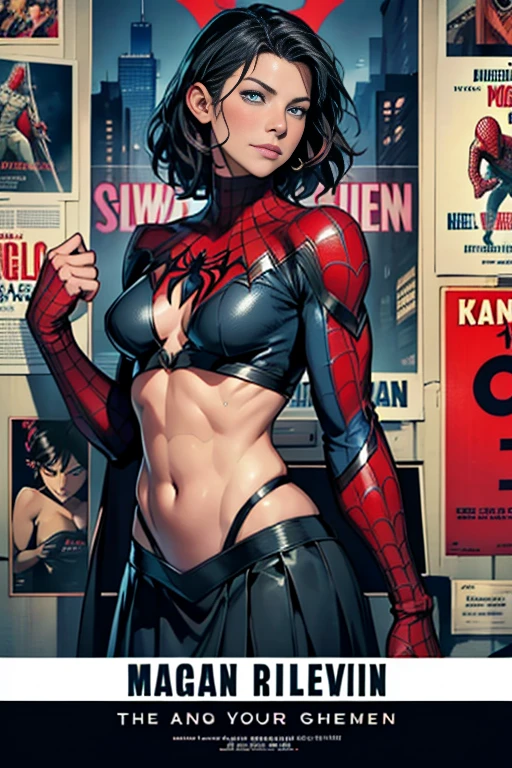 Evangeline Lilly、マーベル・コミック映画のPoster, Very beautiful, Movies about Spiderman, sexy, whole body, I'm wearing a skirt、Premiere date, Poster、belly buttonを突き出す、new york、She&#39;s wearing a torn Spider-Man suit,The suit is torn、Wearing a skirt、 Red and black color scheme,dynamic、masterpiece、highest quality、Ultra-detailed、Very detailed、A delicate and beautiful shine、超A high resolution、Cinematic,Break,Breakdrop,(Torn clothes:1.5), (Wet clothes:1.4), Bare shoulders,Real Rain,Wet Hair,belly button、Exposing Skin、sexyな肩を見せてる