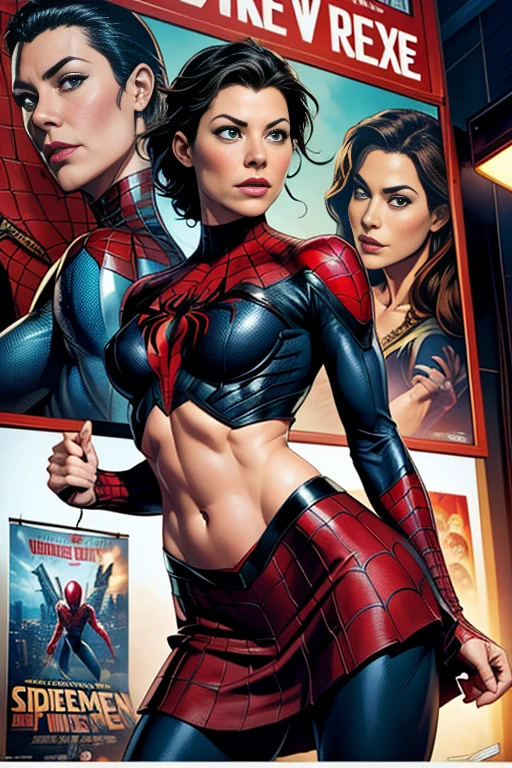 Penelope Cruz、Marvel Comics Movie Poster, Very beautiful, Movies about Spiderman, sexy, whole body, I'm wearing a skirt、Premiere date, Poster、belly buttonを突き出す、new york、She&#39;s wearing a torn Spider-Man suit,The suit is torn、Wearing a skirt、 Red and black color scheme,dynamic、masterpiece、highest quality、Ultra-detailed、Very detailed、A delicate and beautiful shine、超A high resolution、Cinematic,Break,Breakdrop,(Torn clothes:1.5), (Wet clothes:1.4), Bare shoulders,Real Rain,Wet Hair,belly button、Exposing Skin、Showing off her sexy shoulders