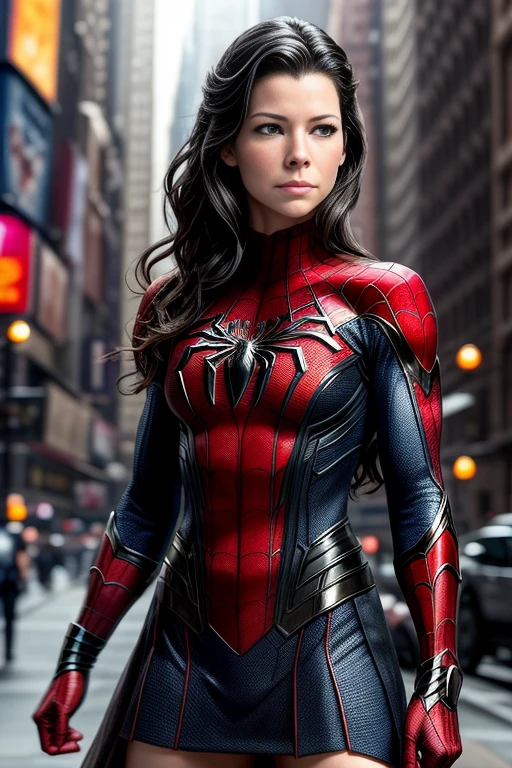Evangeline Lilly、マーベル・コミック映画のPoster, Very beautiful, Movies about Spiderman, sexy, whole body, I'm wearing a skirt、Premiere date, Poster、belly buttonを突き出す、new york、She&#39;s wearing a torn Spider-Man suit,The suit is torn、Wearing a skirt、 Red and black color scheme,dynamic、masterpiece、highest quality、Ultra-detailed、Very detailed、A delicate and beautiful shine、超A high resolution、Cinematic,Break,Breakdrop,(Torn clothes:1.5), (Wet clothes:1.4), Bare shoulders,Real Rain,Wet Hair,belly button、Exposing Skin、sexyな肩を見せてる