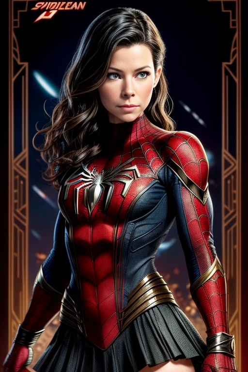 Evangeline Lilly、マーベル・コミック映画のPoster, Very beautiful, Movies about Spiderman, sexy, whole body, I'm wearing a skirt、Premiere date, Poster、belly buttonを突き出す、new york、She&#39;s wearing a torn Spider-Man suit,The suit is torn、Wearing a skirt、 Red and black color scheme,dynamic、masterpiece、highest quality、Ultra-detailed、Very detailed、A delicate and beautiful shine、超A high resolution、Cinematic,Break,Breakdrop,(Torn clothes:1.5), (Wet clothes:1.4), Bare shoulders,Real Rain,Wet Hair,belly button、Exposing Skin、sexyな肩を見せてる