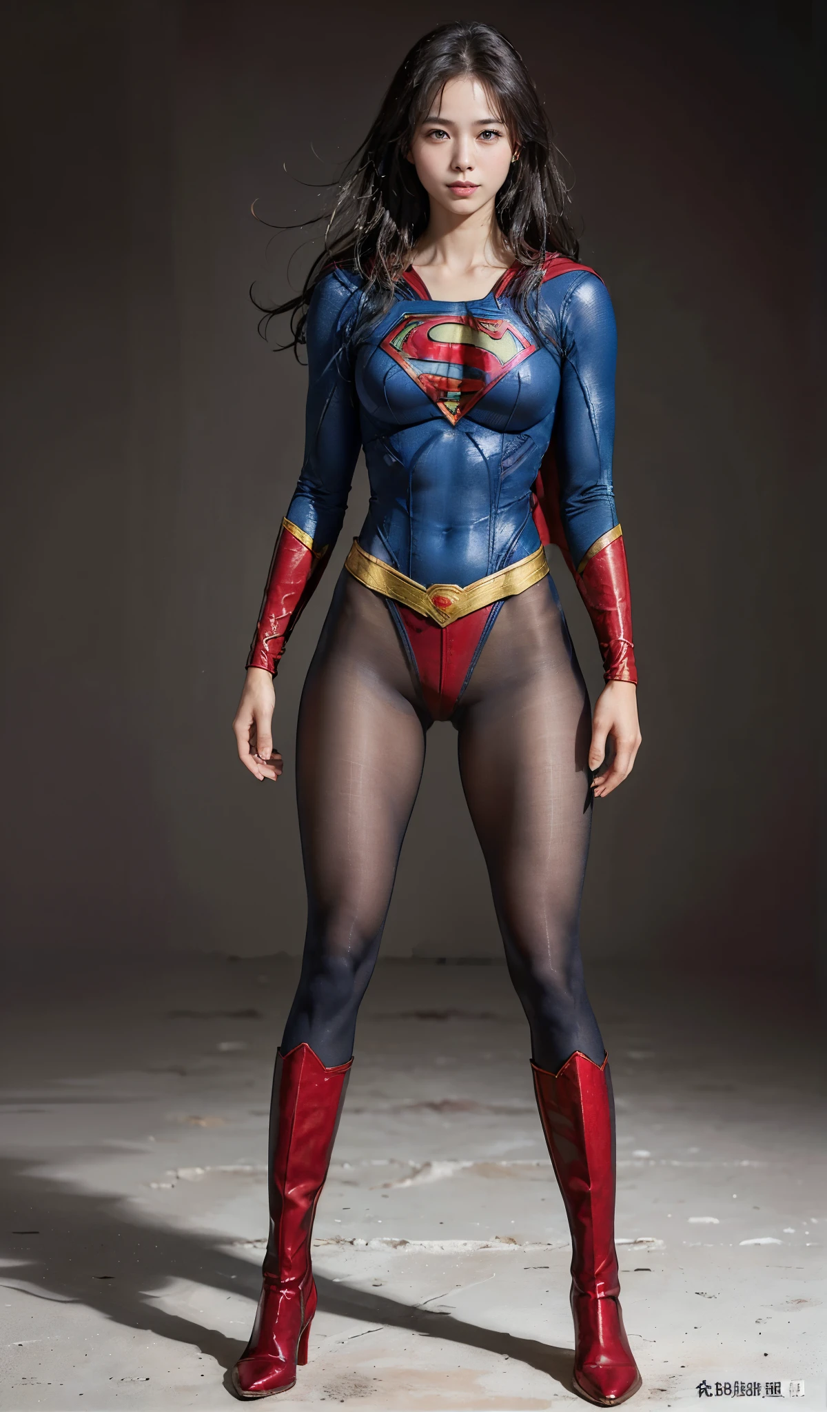 No background、(((Beautiful legs in black tights.)))、(((Legally express the beauty of your smile)))、((((Make the most of your original images)))、(((Supergirl Costume)))、(((Beautiful Hair)))、(((suffering)))、(((Please wear black tights....、Wear red boots)))、((Best image quality、8K))、((highest quality、8K、masterpiece:1.3))、(((Preserve background )))、Sharp focus:1.2、Beautiful woman with perfect figure:1.4、Thin abdominal muscles:1.2、Wet body:1.5、Highly detailed face and skin texture、8K