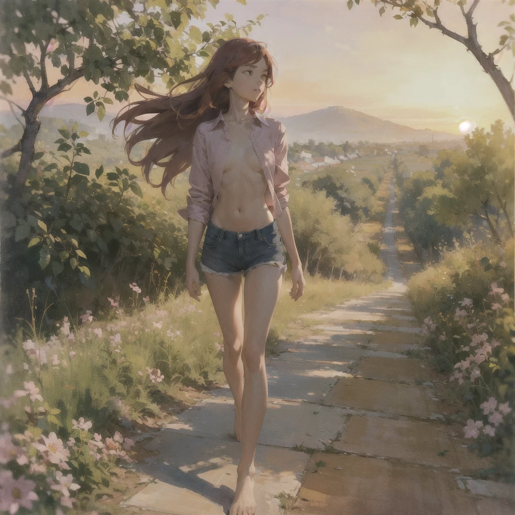 Beautiful slender thin exquisite (nude) girl  with a perfect southern type face (with short luscious burgundy hair) with tender beautiful expressive breasts with tender nipples barefoot with bare hips ((with red pubic hairs)) ((in an unbuttoned open pink shirt over his naked body and short burgundy shorts)) walks along a brick road in the middle of a flowering field (with a glass of wine) and books, in a gentle watercolor style, Discreet shades, sfumato, haze, diffused dim light, delicate mint shades, imitation of film photography, (olive and grape groves, Brick Road), (High image quality, Maximum detail), (sunset lighting, Warm evening shades, warm golden and olive sunset light)