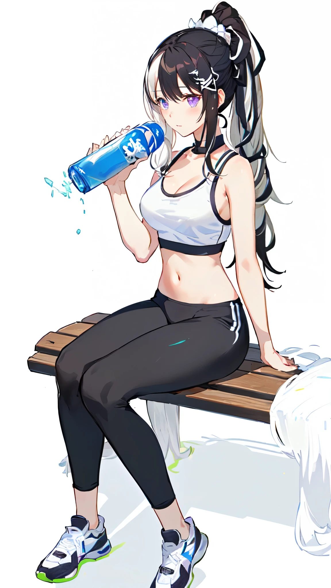 Emilia re:zero, purple eyes, Emilia, crown braid, x hair ornament, flower hair ornament, white hair, long hair, medium breasts, anime girl sitting on a bench drinking water from a bottle, anime girl drinks energy drink, hinata hyuga, tifa lockhart, nico robin, fit girl, tifa, tifa lockheart, marin kitagawa fanart, chun li at the gym, working out, mayuri shiina, beautiful anime girl squatting, wearing fitness gear