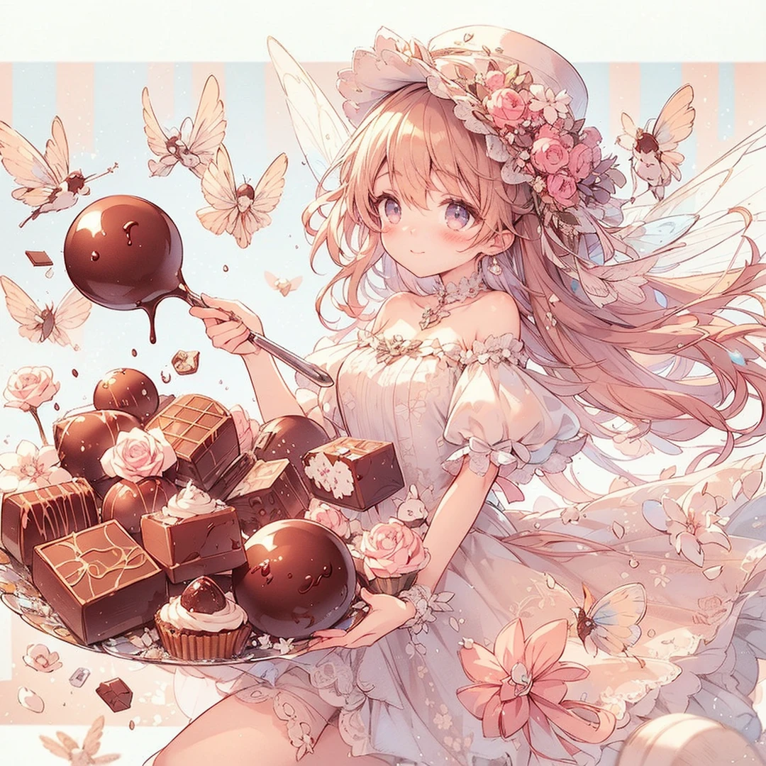 (Exquisite, beautiful, Very detailed, masterpiece, High resolution,high quality,High resolution),(Well-formed face,Soft and thin lines: 1.2, beautiful, Delicate and vivid illustrations with a mature and clear feel), Lots of beautiful and delicious looking chocolates,A chocolate-winged fairy is floating in the air holding a large silver fork with a Happy smile on his face,Chocolate motif ball gown dress, Race, Ruffles and ribbons, fluffy, Black and white tones on a dark brown base.,Chocolate Tiara,neckRace,Earrings,bRacelet,chocolate fairy wings,(Short eyebrows,Pale pink blush, Plump pink lips,beautiful瞳,かなり大きくてfluffyバスト,Open chest,Fair skin, Good style,Knee-high with Race,),Happy,smile,Melted chocolate,Chocolate cake,truffle chocolate,chocolate bar,Pocky,chocolate cookies,Bright colors,Eye-catching colors,Dynamic Angle,Cute Dream,