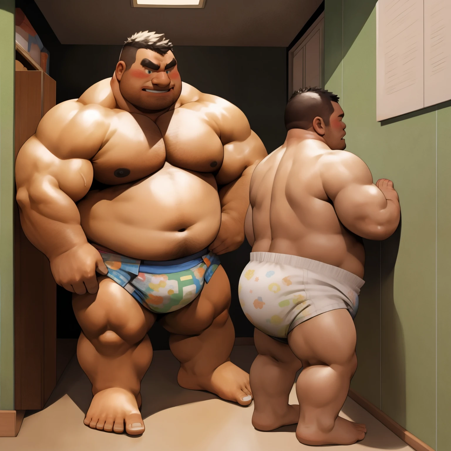 masterpiece, Top quality, in 32K, perfect anatomy, hyper detailed, super fine illustration, The thick man is a brutal prisoner, retarded, hairy, human, 50yo in japan, (fatness: 1.0), Fatty muscle, Bowleg, disappointment, incontinent, be diaper check by children, There is a small puddle under him, Naked, short legs, Bowleg, spread legs, wear a White cloth Diaper, Bare belly, Bare legs, Bare foots, Bare soles, Shirtless, wide forehead and short thinning hair, Man with round face with stubble, Bare foots, Bare soles, shy, sissy, Weaker than children, Drool, Round face, He enters nursery school and is despised by children, He is made to stand attention in the corner of the playroom, corner time, He surrounded by children, Bare foots, big butt, White Diaper, sobbing, There is a small puddle under him