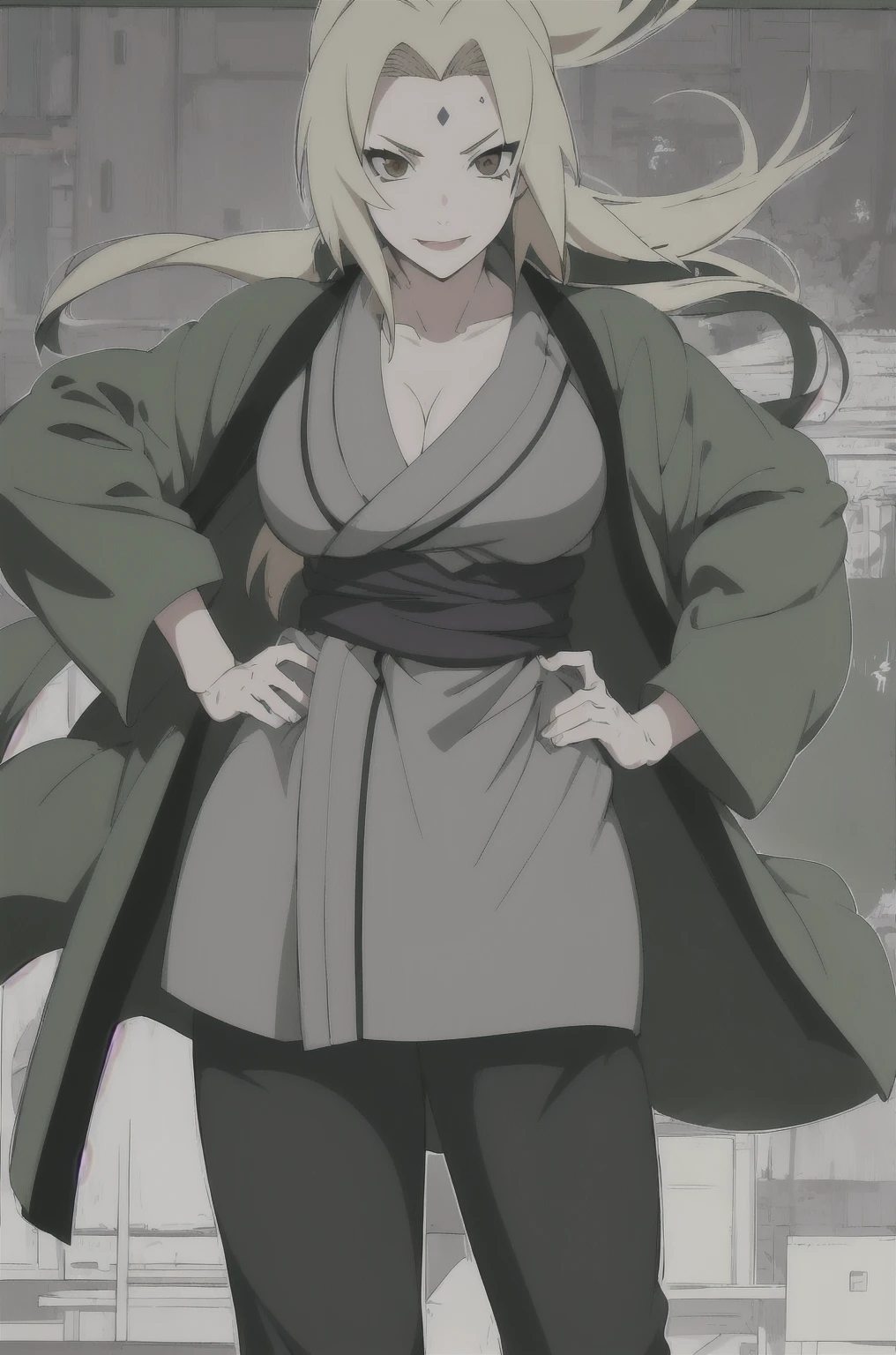 (masterpiece, highest quality:1.2), alone, One girl, Tsunade Def, Forehead mark, smile, View your viewers, Hands on hips, kimono, Green haori, Gray kimono, sash, pants 