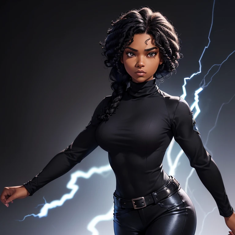 ((Black free fire game style female character)), ((arafed woman))((African-American Asian)), ((With black curly hair tied up with some loose strands)), ((And a black long-sleeved blouse purchased turtleneck written Girl)),((She is facing the camera looking to the side, black background and blue lightning))