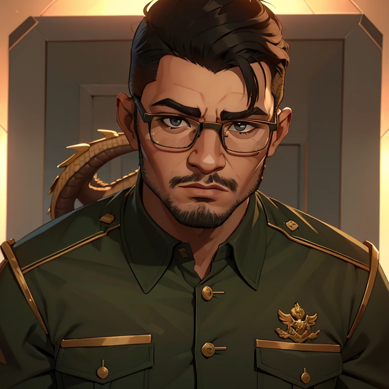 (estilo quadrinho, melhor qualidade) Um jovem de 27 anos, masculino, de cabelos castanhos e ondulados, olhos castanhos, nariz chato, corpo magrelo, wearing nerd-style glasses and an American-style military uniform, Facing a dragon