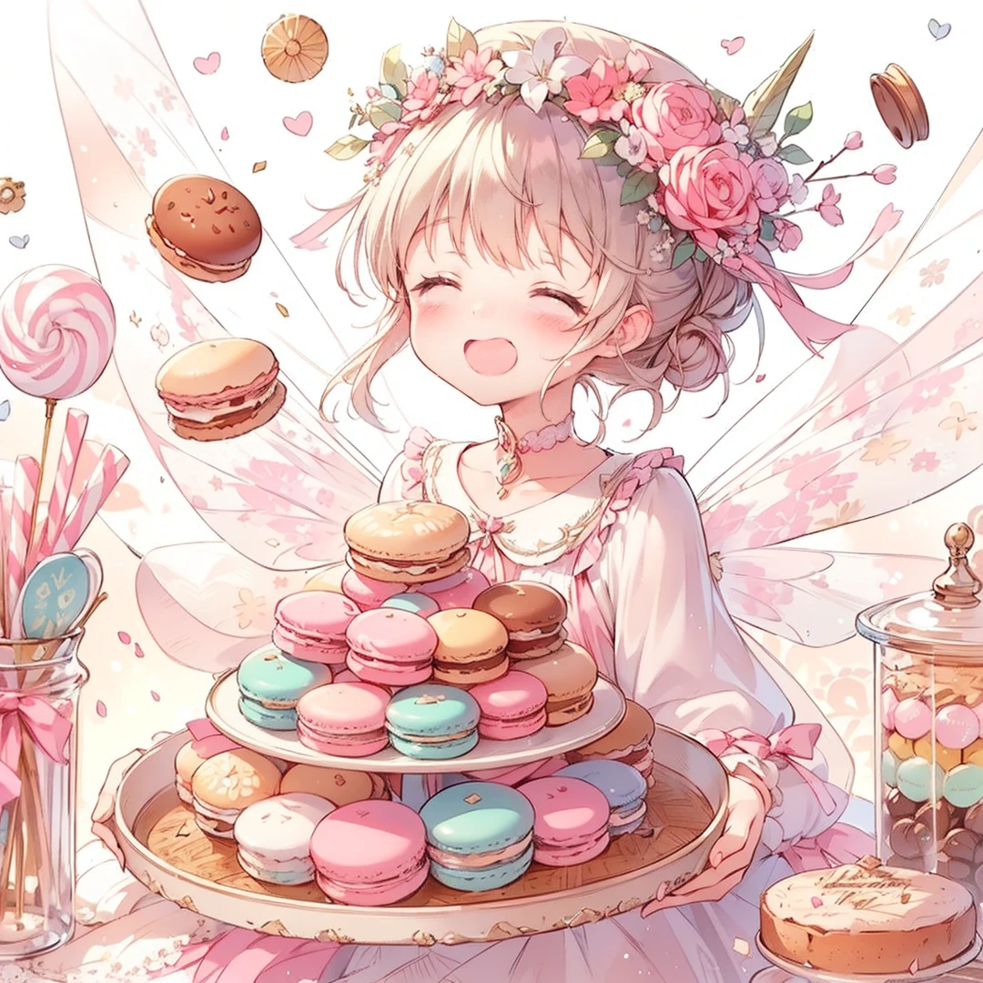 (Exquisite, beautiful, Very detailed, masterpiece, High resolution,high quality,High resolution),(Well-formed face,Soft and thin lines: 1.2, beautiful, Delicate and vivid illustrations with a mature and clear feel), Lots of beautiful and delicious looking chocolates,A chocolate-winged fairy is floating in the air holding a large silver fork with a Happy smile on his face,Chocolate motif ball gown dress, Race, Ruffles and ribbons, fluffy, Black and white tones on a dark brown base.,Chocolate Tiara,neckRace,Earrings,bRacelet,chocolate fairy wings,(Short eyebrows,Pale pink blush, Plump pink lips,beautiful瞳,かなり大きくてfluffyバスト,Open chest,Fair skin, Good style,Knee-high with Race,),Happy,smile,Melted chocolate,Chocolate cake,truffle chocolate,chocolate bar,Pocky,chocolate cookies,Bright colors,Eye-catching colors,Dynamic Angle,Cute Dream,