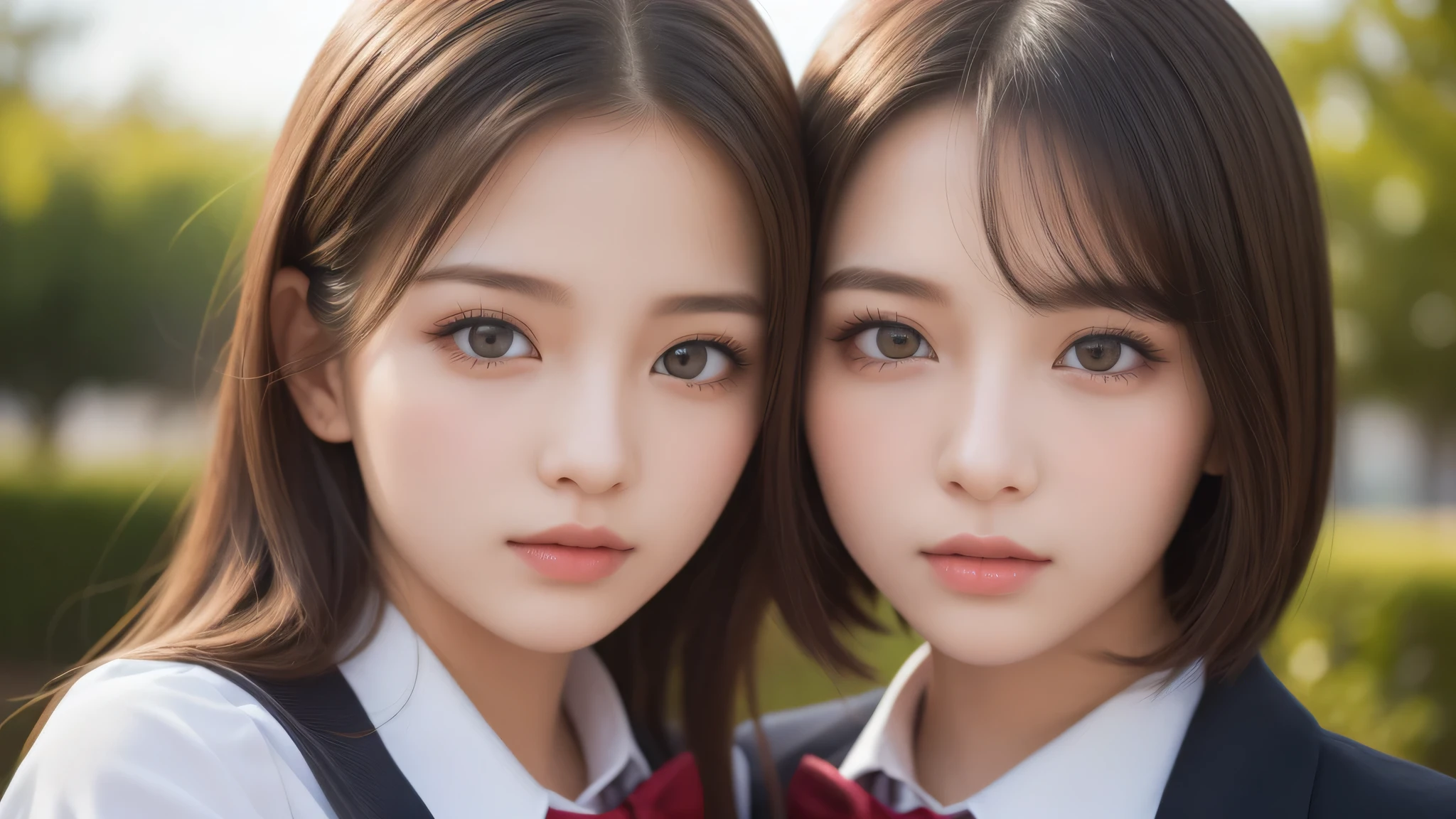 (2girl:1.3), (extremely detailed beautiful face), (highly detailed eyes, highly detailed face), (high school uniform), Fresh, very clean appearance, (best Quality:1.4), (hyper-realistic, hight resolution), Professional Photography, standing, Outdoors, Close up portrait of girl, staring at me, (Fine face:1.2), (big breasts:1.2), bob hair,