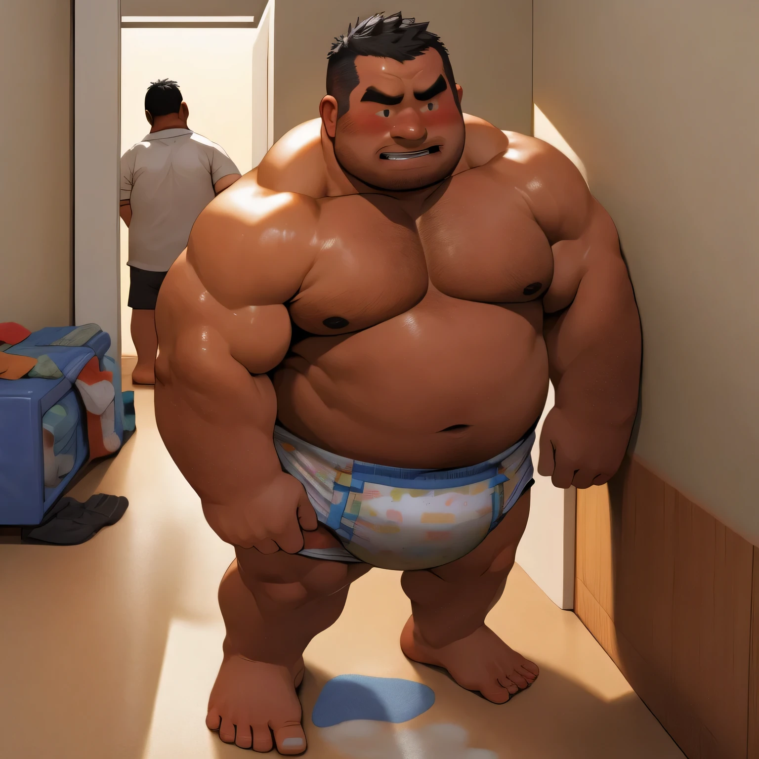 masterpiece, Top quality, in 32K, perfect anatomy, hyper detailed, super fine illustration, The thick man is a brutal prisoner, retarded, hairy, human, 50yo in japan, (fatness: 1.0), Fatty muscle, Bowleg, disappointment, incontinent, be diaper check by children, There is a small puddle under him, Naked, short legs, Bowleg, spread legs, wear a White cloth Diaper, Bare belly, Bare legs, Bare foots, Bare soles, Shirtless, wide forehead and short thinning hair, Man with round face with stubble, Bare foots, Bare soles, shy, sissy, Weaker than children, Drool, Round face, He enters nursery school and is despised by children, He is made to stand attention in the corner of the playroom, corner time, He surrounded by children, Bare foots, big butt, White Diaper, sobbing, There is a small puddle under him