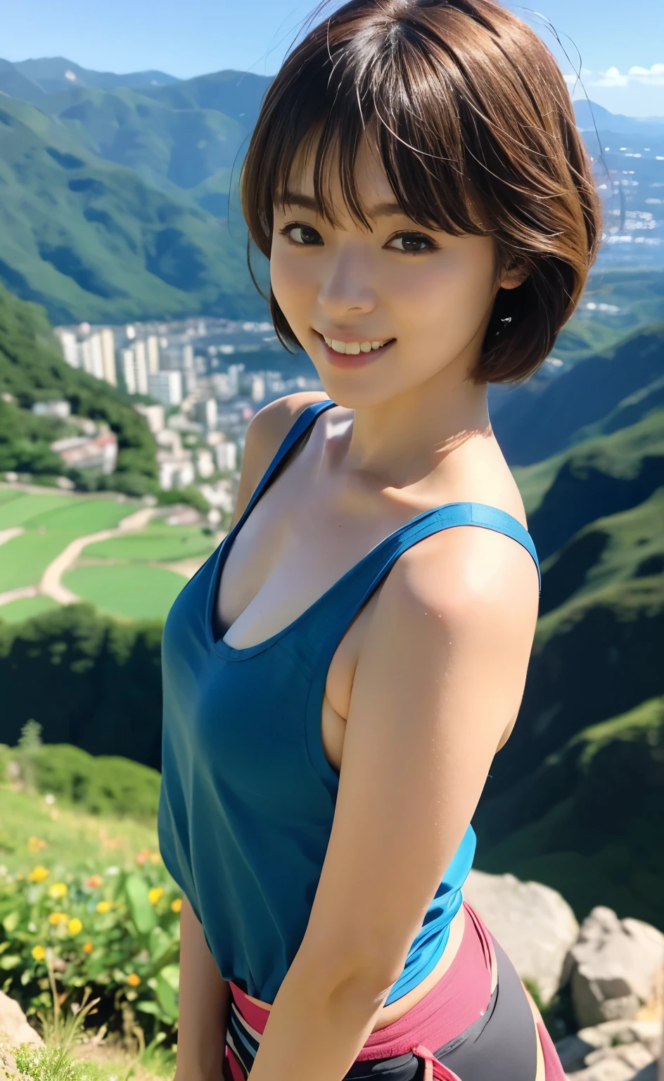 ((perfectionな解剖学で手足を丁寧に描写)) ,Masterpiece,Ulzan 6500,(Realistic, photoRealistic),(((Her short hair is set in an outward curl.))),1 female, ((Beautiful blonde woman walking on the edge of a cliff with stunning views of the green valley below)), ((Hiking Equipment:1.3)). 40k, photograph, masterpiece, 最high quality, Dark Gray Background, ((Mature Woman, wife, mother, )), perfectionな顔, perfection , ((A girl with brown eyes and beautiful blonde hair)). Highly detailed face, Fine grain, Embarrassing, smile, summer, Daytime, Hiking boots, Full body portrait, dramatic, Ultra-high resolution.Realistic:.1.4, (Skin with attention to detail:1.2), 8K Ultra HD, Digital SLR, high quality, Film Grain, Fujifilm XT3,A scene from a classic movie,(Saiharu Body),(Delicate eyes and face),Professional angle,Excellent detail,Beauty condensed in 1girl,Beautiful chestnut-colored bouncy hair,繊細でHigh noseを持つ美しい顔,Long limbs like a model,Tight waist,High nose, Clear chestnut eyes, Glossy lips,