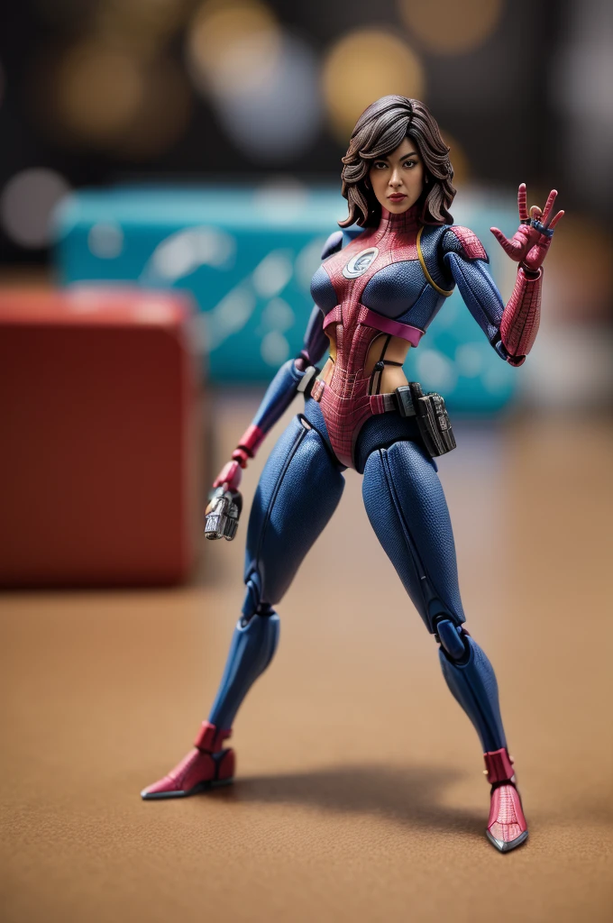 (ActionFigureQuiron style), solo, beautiful Stephanie Beatriz, action figure, concept art, ActionFigureQuiron style, action figure, plastic toy, premium toy, (macro shot:1.2), indoors, office, (bokeh:1.2)