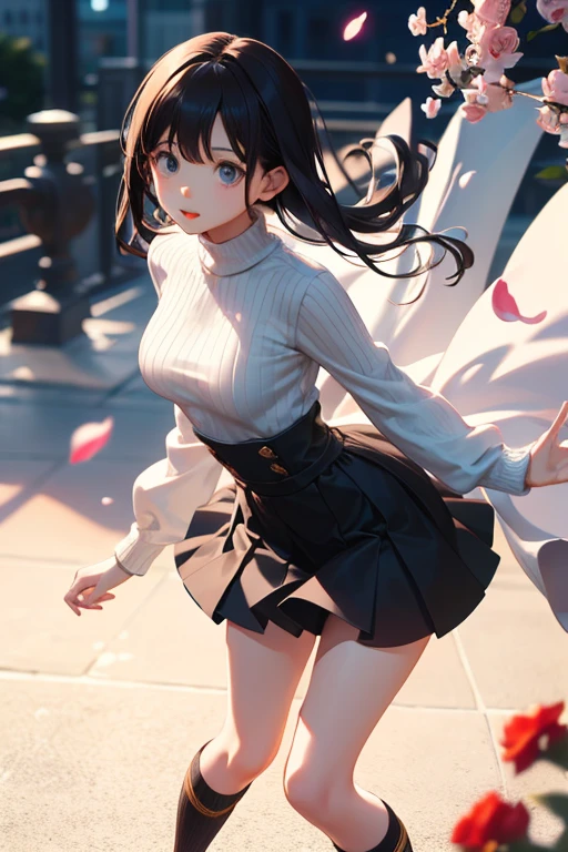 masterpiece, highest quality, One Girl, Thighs, beautiful girl, Flowers, Lots of small petals, Small waist,  Large Breasts、RAWphotograph,Hands are precise、Face Light, Dynamic Lighting, Ultra-realistic, High resolution, photograph, Sharp focus, Highly detailed eyes and face,Symmetrical face、、sweater、mini skirt、Knee-high socks