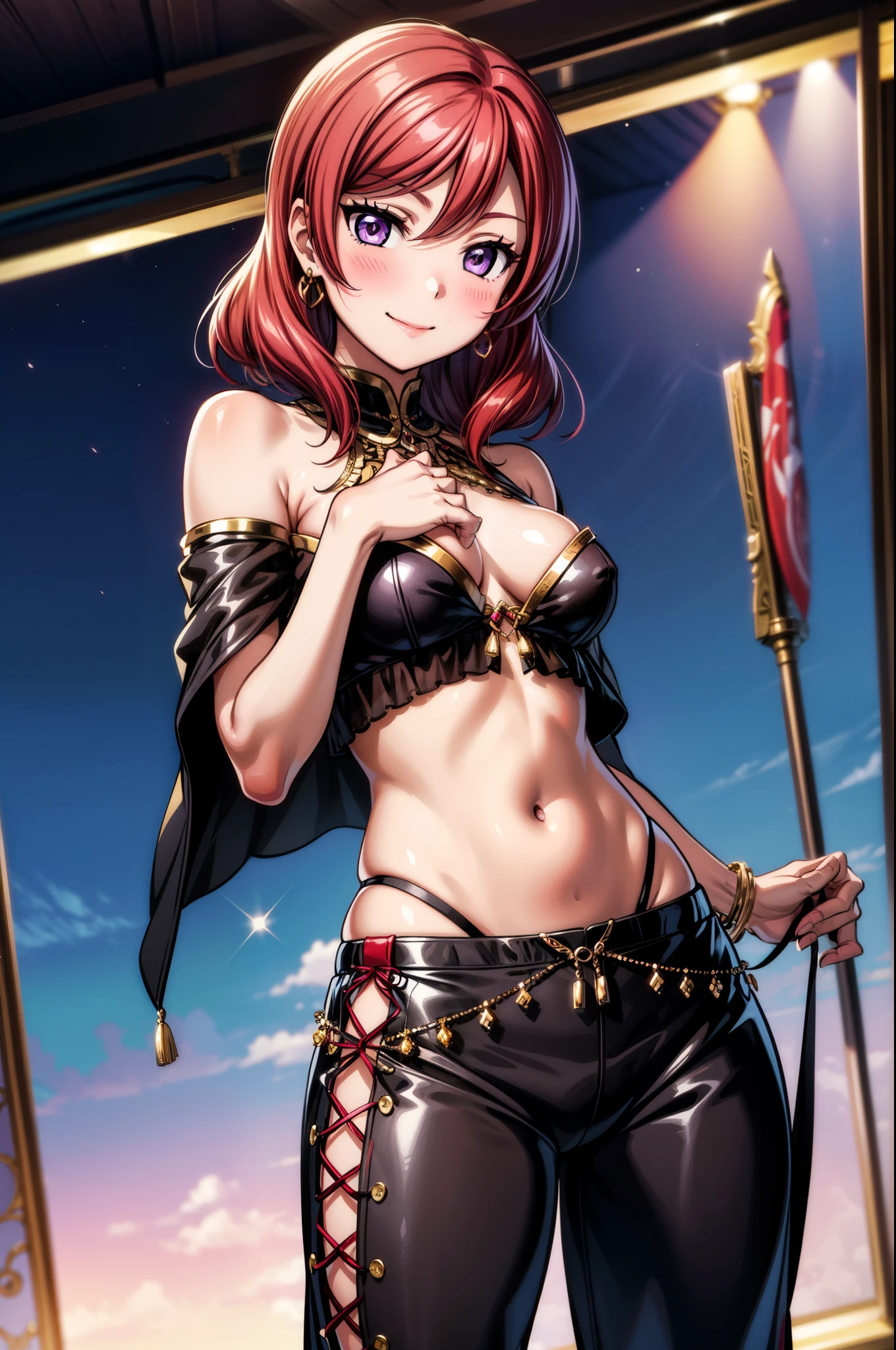 Nishikino maki, Purple eyes, blush, smile, bangs, navel, hair_between_eyes, bare_shoulders, jewelry, closed_mouth, earrings, midriff, pants, off_shoulder, see-through, cosplay, arabian_clothes, harem_pants