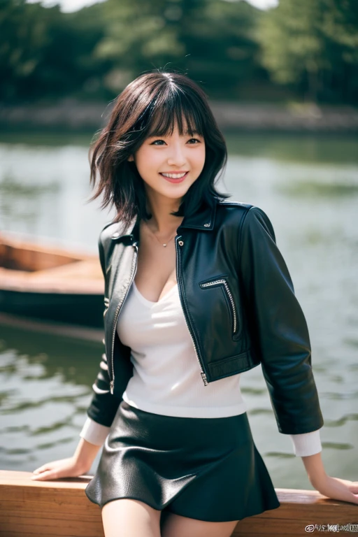 best quality ,masterpiece,ultra high res, very beautiful, kawaii, (photo realistic:1.4), 1girl, Japanese, 22 years old,full body shot,bob hair , black hair,boat tours,looking at viewer, cleavage, smiling, wearing shlirt:1.2,wearing Leather jacket:1.2,wearing Tutu skirt,in ,Cinematic ,35mm lens, f/ 1. 8, accent lighting, 8k,