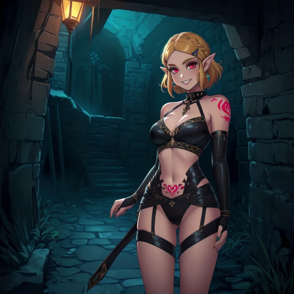 (zelda totk reimagined as a corrupted dark queen by ganon )+++, sfw++,masterpiece, best quality, high quality, illustration, film grain,(perfect female )++, beautiful detailed eyes, (symbol of evil:1.2),milf zelda, lascivious woman, (evil smile:1.1), (villain, dark heroine:1.2), (perfect female proportions:1.1), (seductive eyes:1.2), eyeliner, mascara, sexy makeup, (seductive smile:1.2), (mature woman:1.4),masterpiece, best quality, high quality, illustration, film grain, 1girl, (glowing evil red eyes), evil grin, crazy eyes, (high resolution, masterpiece, ultra best quality, insanely amazing hyper fine extremely detailed, official:1.4) dark heroine anime girl with short hair in a dark and evil place, extremely detailed artgerm, (official:1.4), dynamic composition, (solo girl:1.4), {sfw}, masterpiece, ultra-detailed, iconic attack, dominatrix, spiked collar, dark kingdom, bad end, 1girl, solo female, solo focus, mature female, standing, full body, looking at viewer, dark zelda totk, dark queen, evil, corruption, contrapposto, mind break, blond hair, (short hair:1,5), evil smile, lips, eyelashes, evil grin, dark aura, thigh_clothes, ,alternate costume, bdsm, (intricate details:1.12), (intricate details, hyperdetailed:1.15), hdr, dungeon, (at night:1.2), fireplace, warm light, dramatic light, cinematic,creepy dungeon, dark aesthetic, goth aesthetic, creepy, ominous background, dark atmosphere, death atmosphere, green and red atmosphere, evil dungeon background, gothique, faint darkness, ((red glow crotch tattoo)),