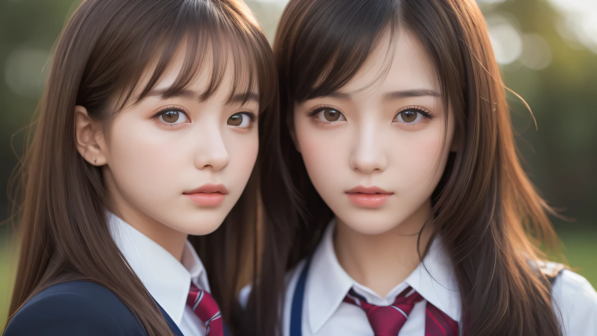 (2girl:1.3), (extremely detailed beautiful face), (highly detailed eyes, highly detailed face), (high school uniform), Fresh, very clean appearance, (best Quality:1.4), (hyper-realistic, hight resolution), Professional Photography, standing, Outdoors, Close up portrait of girl, staring at me, (Fine face:1.2), (big breasts:1.2), bob hair,