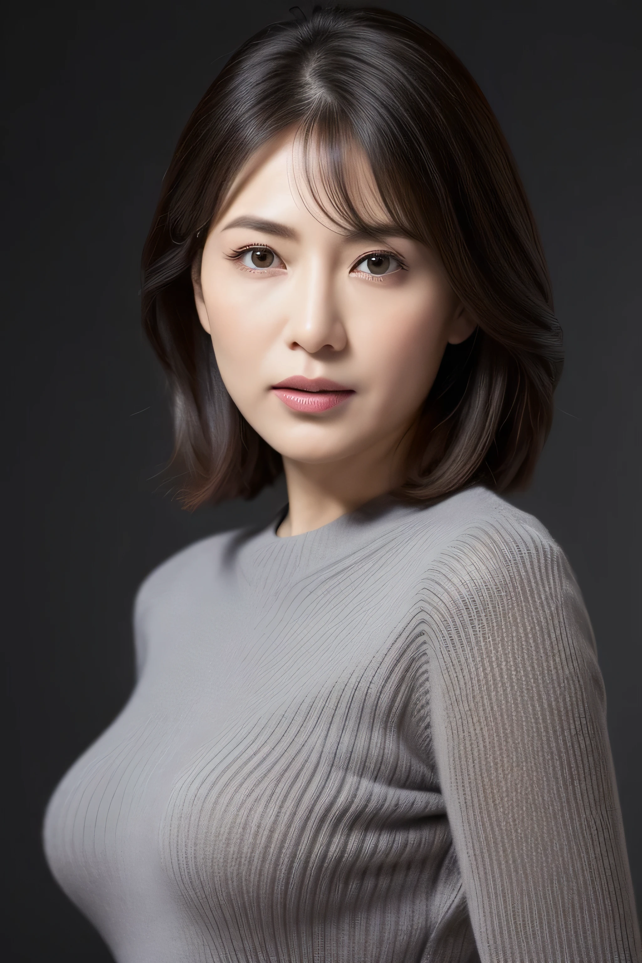 High resolution, masterpiece, Irritated skin, Very detailed, Photorealistic, Professional Lighting, Written boundary depth, sharp, (Gray background), (Front view:1.2),(Japanese Mature, 38 year old women are sexy:1.0), Detailed face, Beautiful Eyes, bangs, Shapely large breasts, Light brown straight hair, Faint lips, (Catch Eye:1.3),((Stand in front、Look at the audience, Serious face eyes,)), (Ultra-thin sweater:1.0), Theta, Full body photo, Cowboy Shot