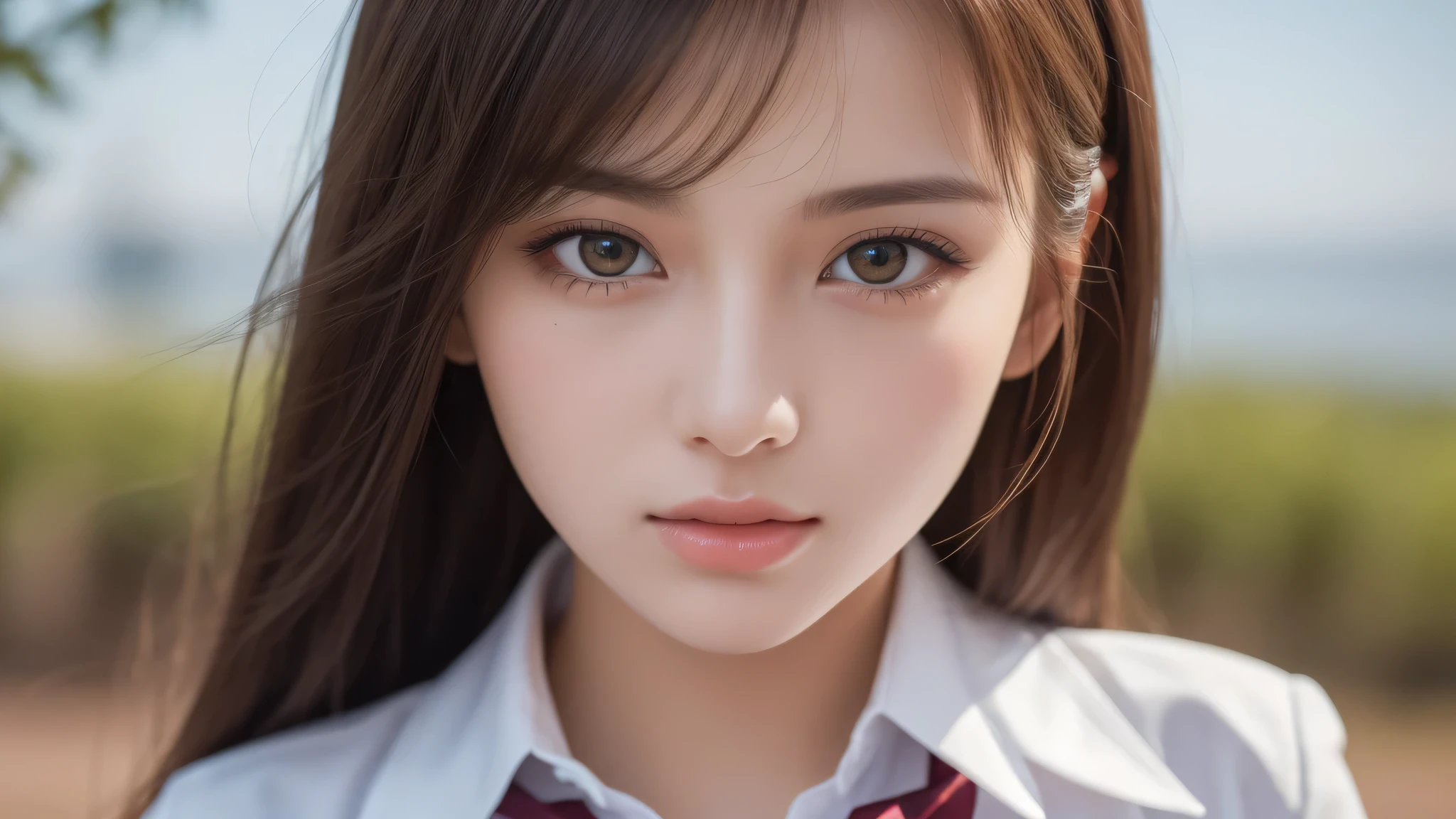 (2girl:1.3), (extremely detailed beautiful face), (highly detailed eyes, highly detailed face), (high school uniform), Fresh, very clean appearance, (best Quality:1.4), (hyper-realistic, hight resolution), Professional Photography, standing, Outdoors, Close up portrait of girl, staring at me, (Fine face:1.2), (big breasts:1.2), bob hair, 