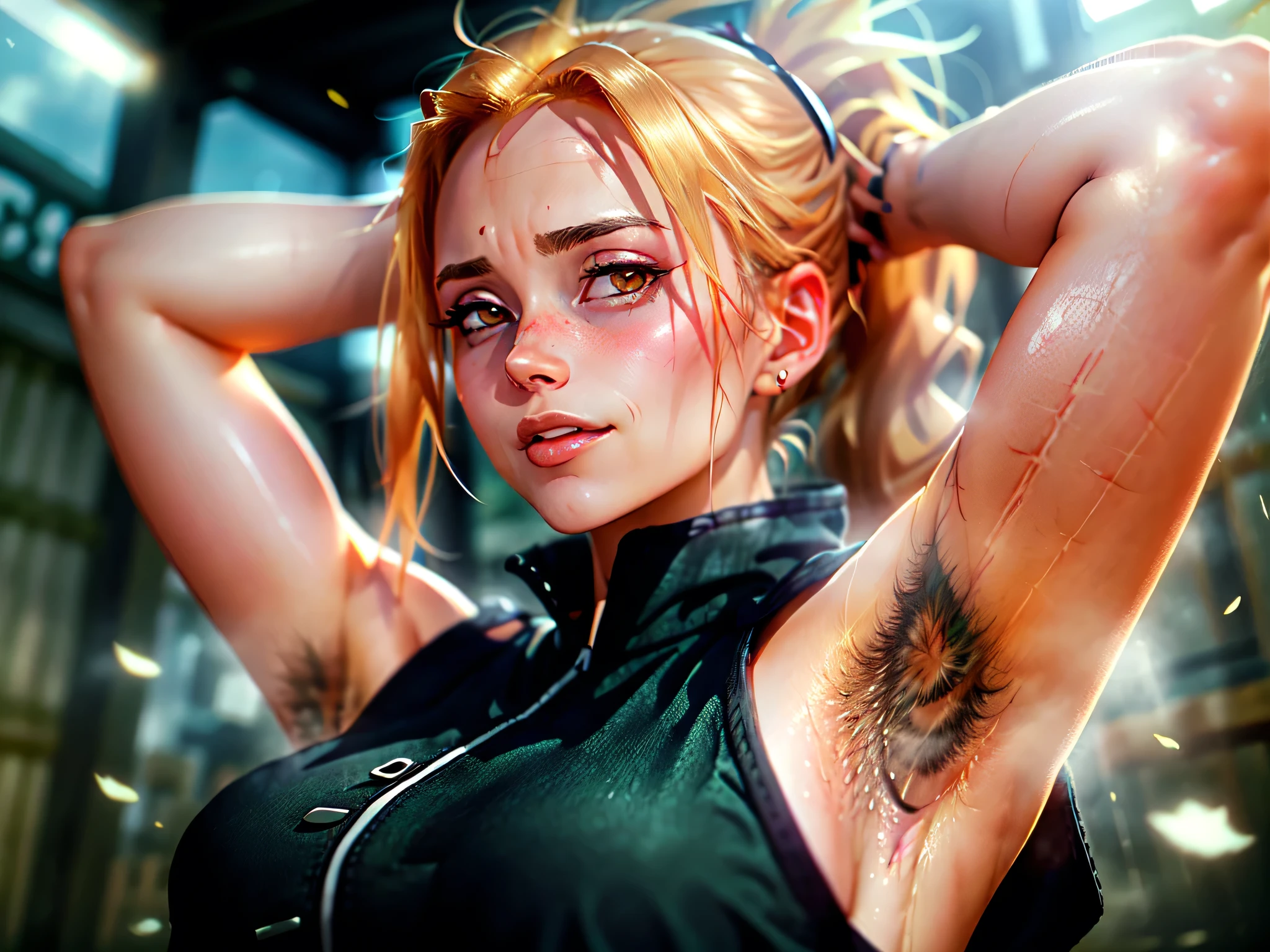 shiny skin, shiny hair, in the center, (up close:1.5), arms up, (arms above head:1.5), arms behind head, armpits, (armpits into viewer's face:1.5), (looking at viewer:1.5), (eye contact with viewer:1.5), smile, closed mouth, ANIME SCREENCAP, masterpiece, absurdres, hdr, soft light, best quality, detailed, highres, tsunade senju from naruto shippuden