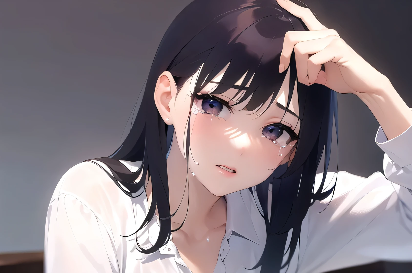 (White shirt:1.5)and（suit）、5 biologically correct fingers、Upper Body, Realistic, Real person, (Pale skin: 1.2), RAW Photos, Realistic, Portrait Photography, Shiny skin, Japanese Idols、Shiny Hair、(A 33-year-old woman with medium-length straight hair and bangs) and (Black Hair) and (Purple eyes) , (sobbing:1.3)（streaming tears:1.3）and（wiping tears） The background is a hotel chair..、alone、Sitting
