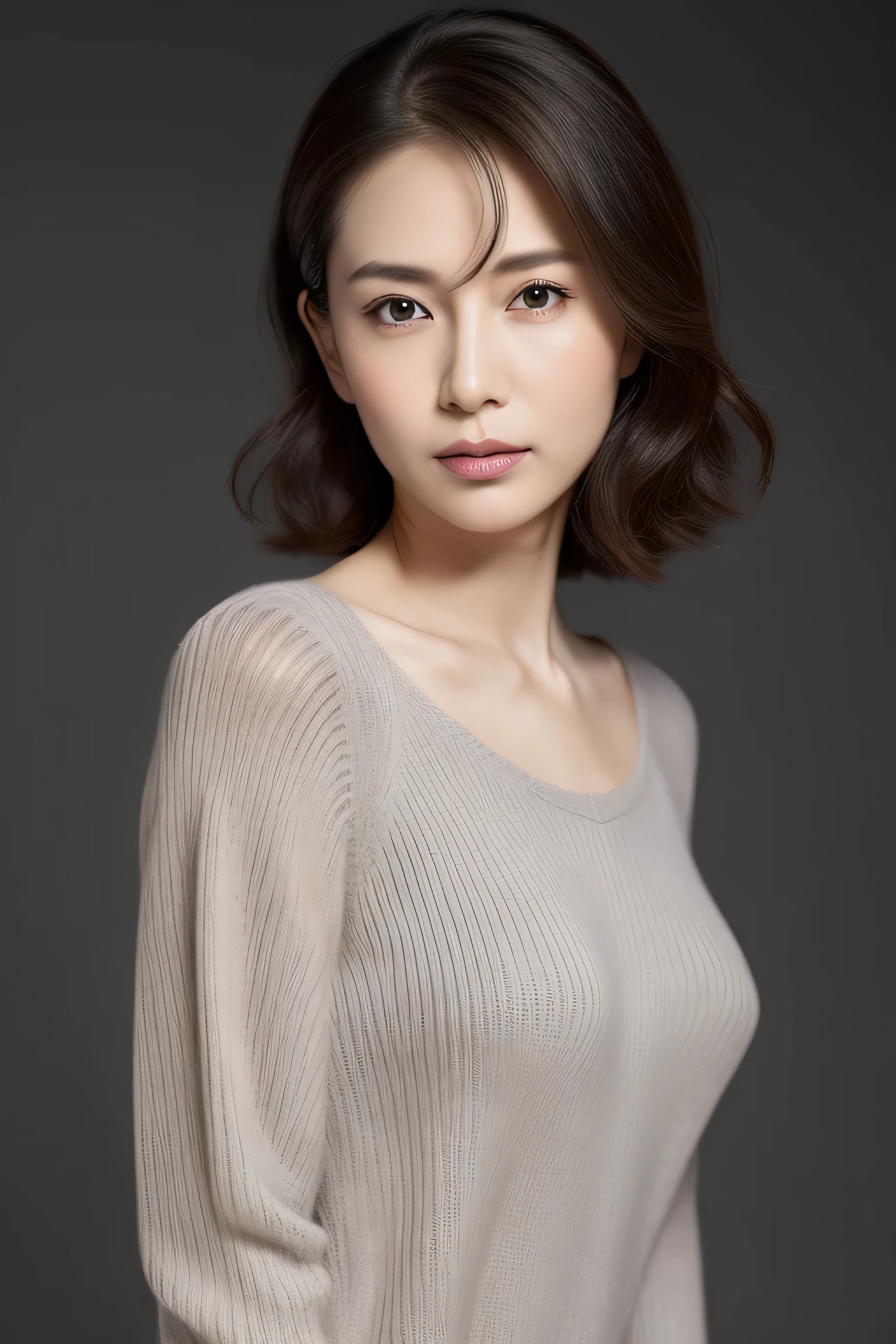 High resolution, masterpiece, Irritated skin, Very detailed, Photorealistic, Professional Lighting, Written boundary depth, sharp, (Gray background), (Front view:1.2),(Japanese Mature, 38 year old women are sexy:1.0), Detailed face, Beautiful Eyes, bangs, Shapely large breasts, Light brown straight hair, Faint lips, (Catch Eye:1.3),((Stand in front、Look at the audience, Serious face eyes,)), (Ultra-thin sweater:1.2), Theta, Full body photo, Cowboy Shot