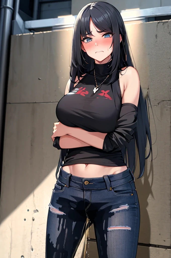 A woman with very long black hair and (very long bangs:1.5), wearing a stylish jacket and tight jeans, standing. The artwork is inspired by manga and incorporates a doujin style. The woman appears to be (wetting herself:1.5), which causes her to feel embarrassed and humiliated, resulting in a blush on her face. In addition, there is an air of anger in her expression. The lighting in the scene is moody, with a spotlight highlighting the woman's figure. She is crossing her arms, (arms crossed:1.5), fully showcasing her jeans., large breasts