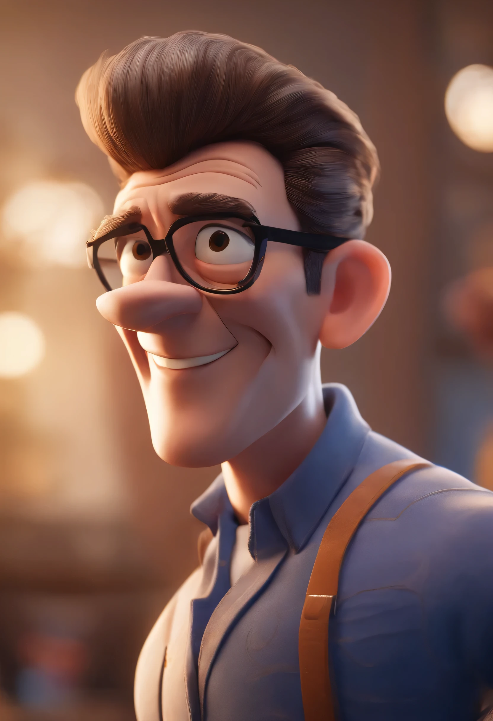 Cartoon character of a man with black glasses and a blue shirt, animation character, Caractere estilizado, animation style rendering, 3D estilizado, Arnold Maya render, 3 d render stylized, toon render keyshot, Personagem 3D, Personagem 3D, 3d rendering stylized, 3 d character render, personagem de desenho animado, Personagem de close up, Pose de personagem, (Estilo Pixar) (master part:1.2) (Bokeh) (best quality) (pele detalhada) (textura detalhada) (8k) (argila) (Cinematic lighting) (sharp focus