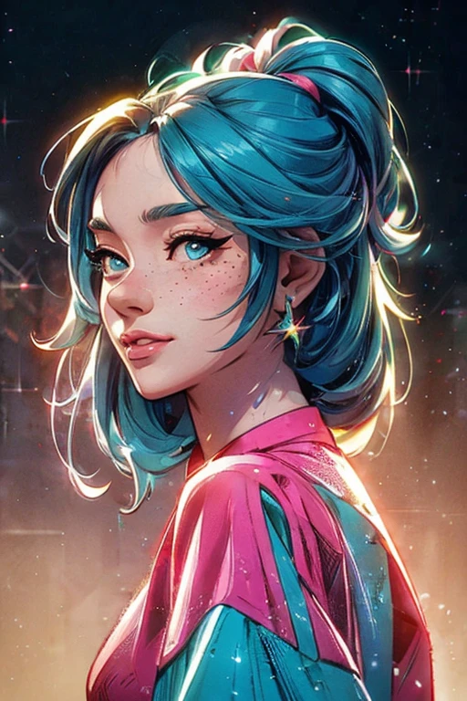 A woman in a colorful outfit posing for a picture, A freckles, cyber girl, pretty face, sparkling simple make up, hippie clothes, sparkling pictures, high quality pictures