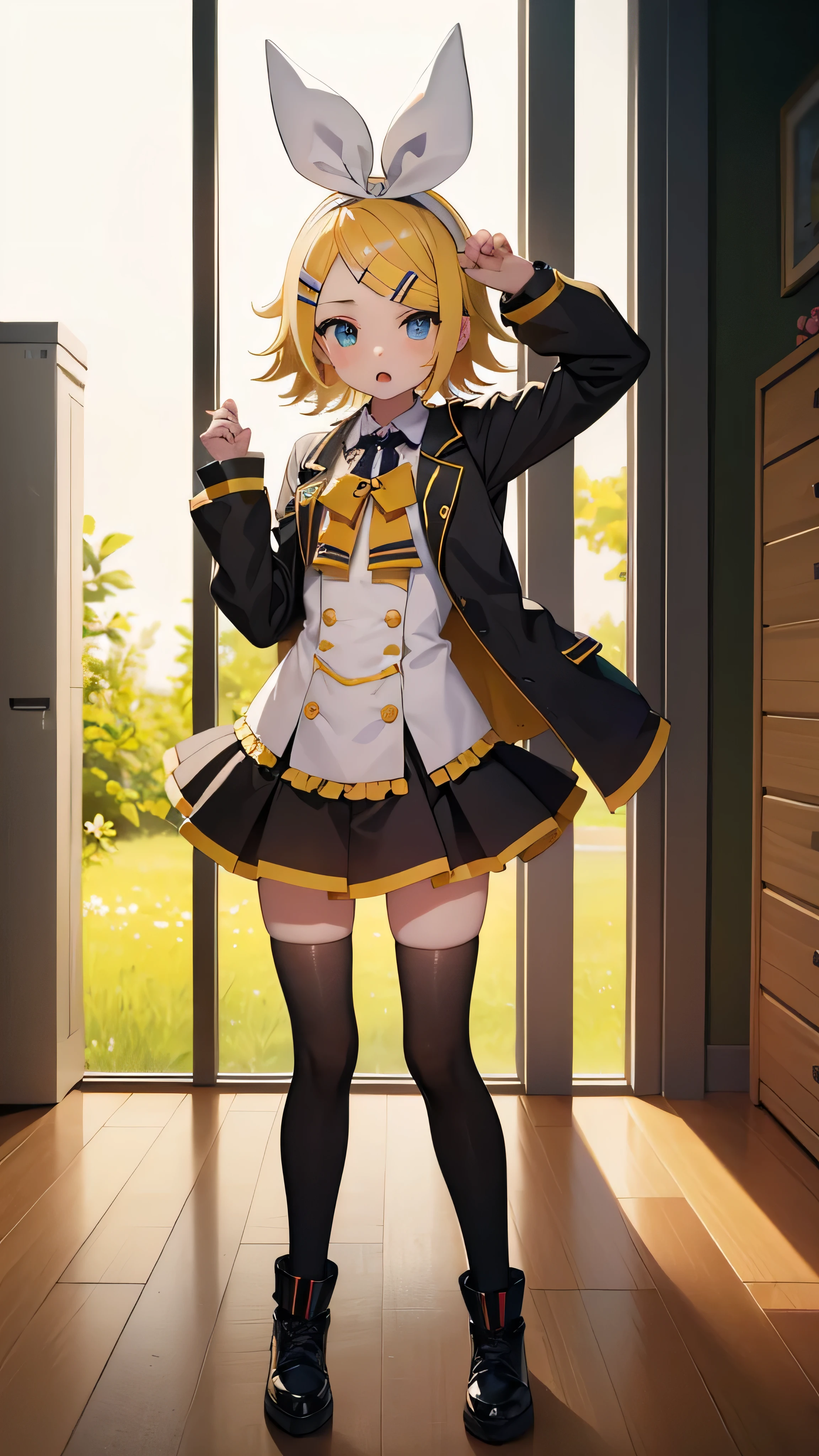 Kagamine rin , mini falda , bragas a la vista , rostro apenado , mejillas ruborizadas , viendo al espectador , imagen de cuerpo completo , (perfect body proportion)