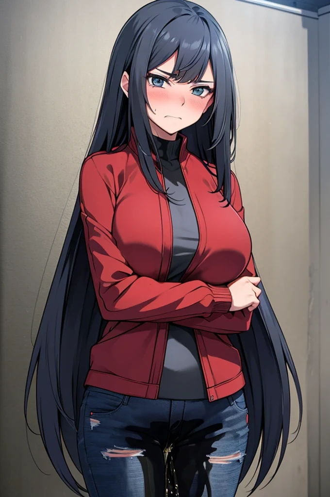 A woman with very long black hair and (very long bangs:1.5), wearing a stylish jacket and tight jeans, standing. The artwork is inspired by manga and incorporates a doujin style. The woman appears to be (wetting herself:1.5), which causes her to feel embarrassed and humiliated, resulting in a blush on her face. In addition, there is an air of anger in her expression. The lighting in the scene is moody, with a spotlight highlighting the woman's figure. She is crossing her arms, (arms crossed:1.5), fully showcasing her jeans., large breasts