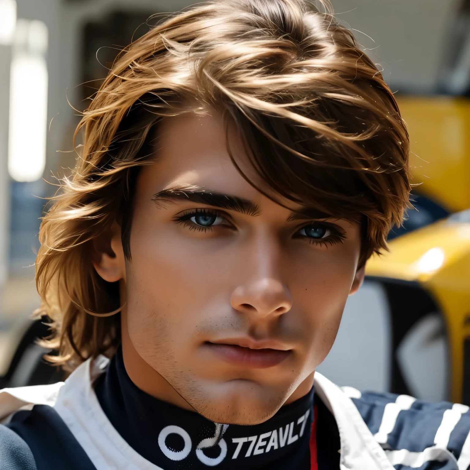 Homem piloto de formula 1 cabelo e olho castanho claros, cabelo curto 