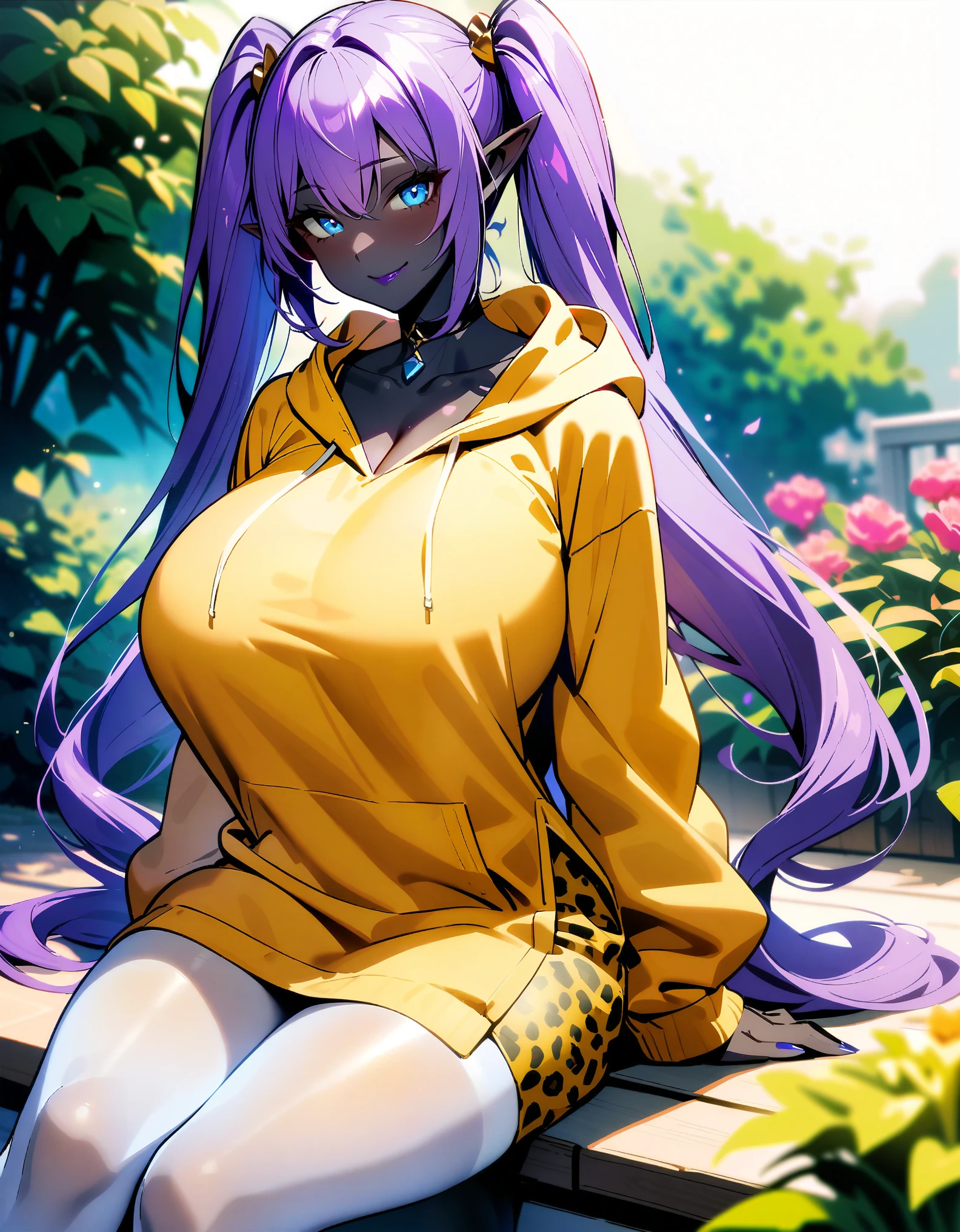 masterpiece, best quality, extremely detailed, 1girl, milf, solo, (muscular:1.2), (dark skin, black skin:2), Linkle, (huge breasts:1.36), ((((purple hair), very long hair, twintails, blue eyes, pointy ears))), purple lips, (((yellow hoodie, open hoodie, dress, white leopard print dreas, white pantyhose))), ((seductive smile), closed mouth), ((balcony, garden))