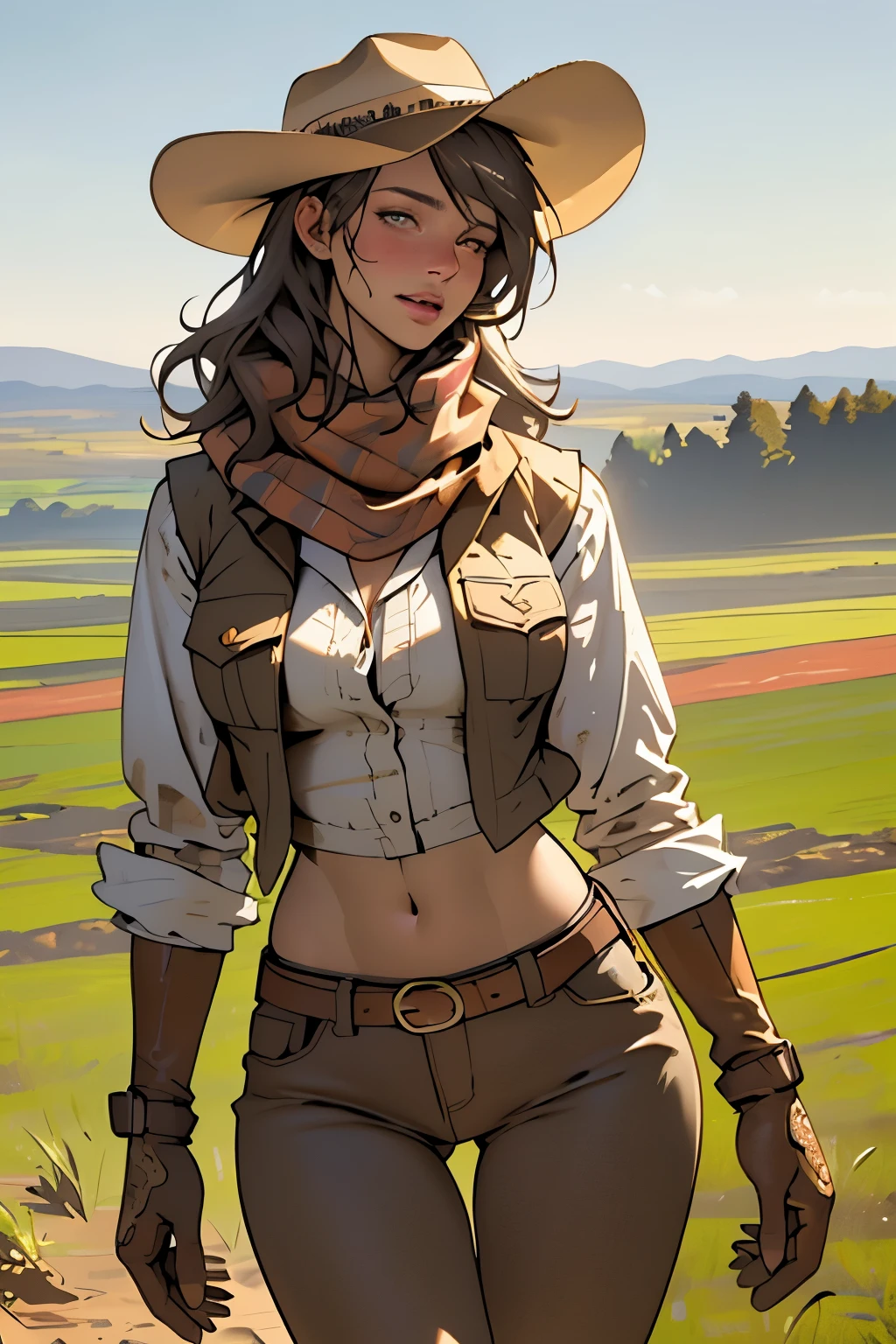 (highest quality, Super detailed, realistic:1.37), outdoor, girl, muddy, detailed and beautiful eyes, beautiful detailed lips, cowboy hat, vest with fringes, slim waist, slender thighs, thigh gap, slim thighs, show belly, pants, scarf, With confidence, medium chest, dusty farm landscape, golden hour lighting