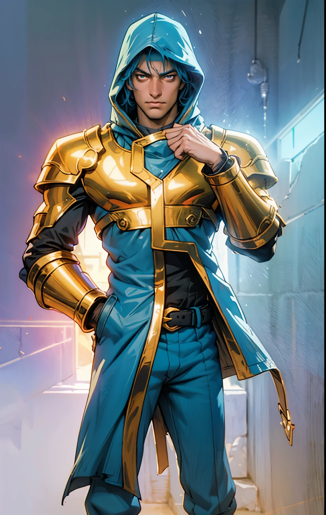 A man with short golden-blue hair, upward-flipped middle part bangs, handsome face, confident expression, golden eyes, he is hooded, a fantasy-style green-purple hooded coat, black undershirt, blue and white shoulder guards, wide cuffs, asymmetrical hem, a green belt buckle, dark blue trousers, his right hand resting behind his back and his left hand raised, stands before a majestic fantasy-style spatial portal, this character embodies a finely crafted fantasy-style sage in anime style, exquisite and mature manga art style, high definition, best quality, highres, ultra-detailed, ultra-fine painting, extremely delicate, professional, perfect body proportions, golden ratio, anatomically correct, symmetrical face, extremely detailed eyes and face, high quality eyes, creativity, RAW photo, UHD, 32k, Natural light, cinematic lighting, masterpiece-anatomy-perfect, masterpiece:1.5