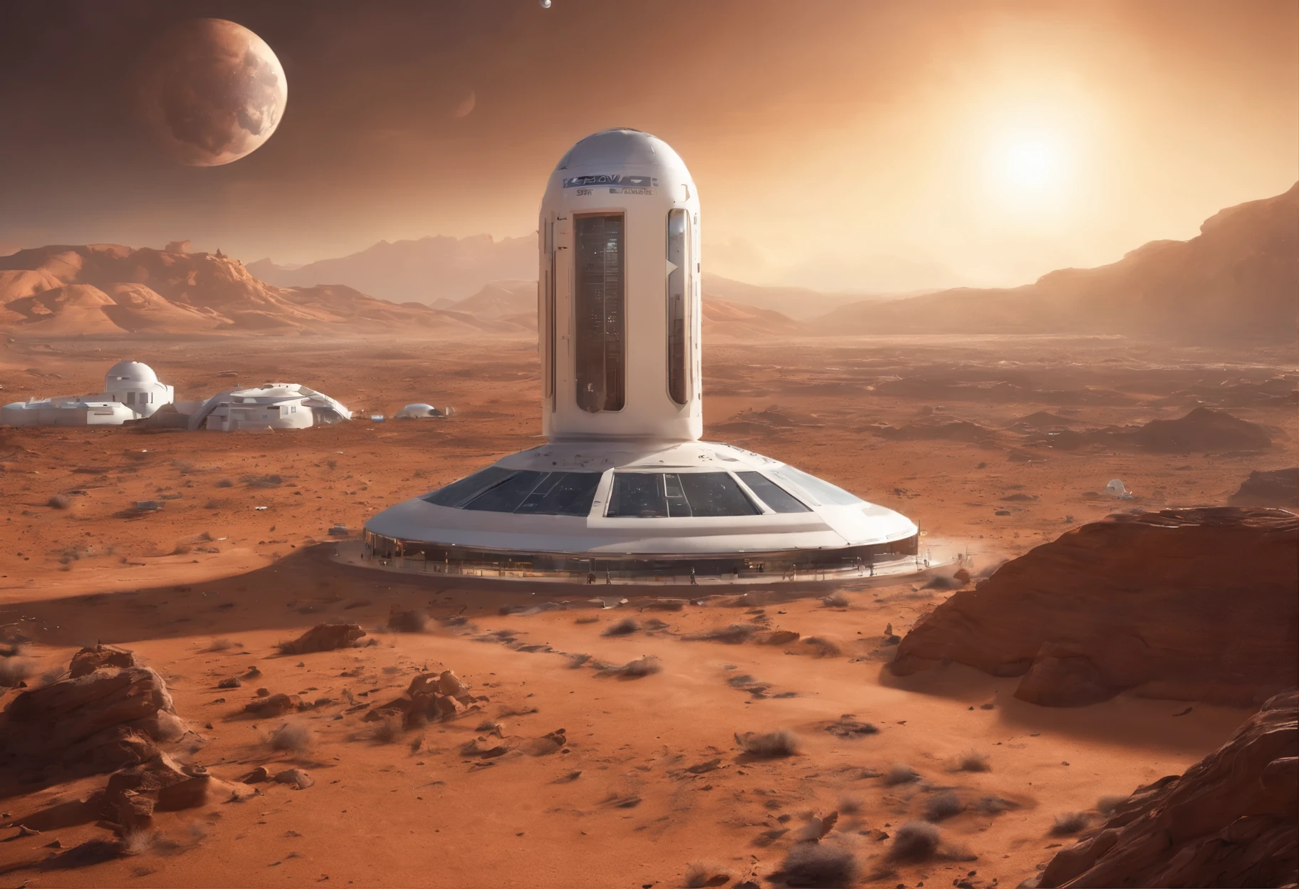 space habitat, a habitat on Mars, several colonies, futuristic three-story buildings with glass windows, space to grow trees, rocket landing base, several astronauts working together, terrain: Planet Mars, several rocks scattered across the surface, planet desert. (highest quality image, 4k, 8k, ultra HD). clean image atmosphere, without any clouds in the sky.