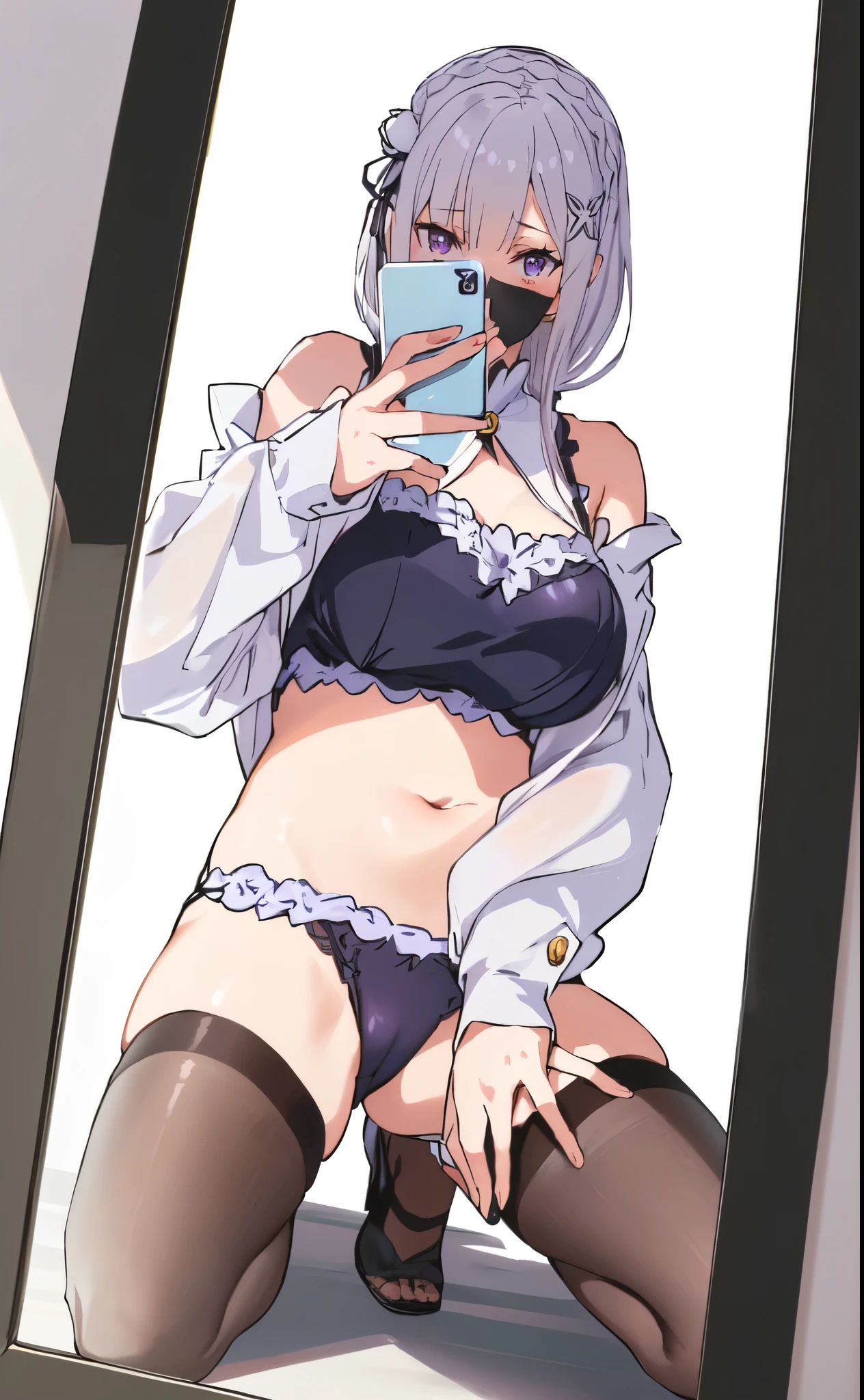 Emilia re:zero, purple eyes, Emilia, crown braid, x hair ornament, flower hair ornament, white hair, long hair, medium breasts, anime girl in black stockings taking a selfie with her cell phone, seductive anime girl, thicc, revealing clothes, [ 4 k digital art ]!!, 2b, 2 b, ecchi, best anime 4k konachan wallpaper, with a mirror, ecchi style, with index finger, she is holding a smartphone, 4 k manga wallpaper