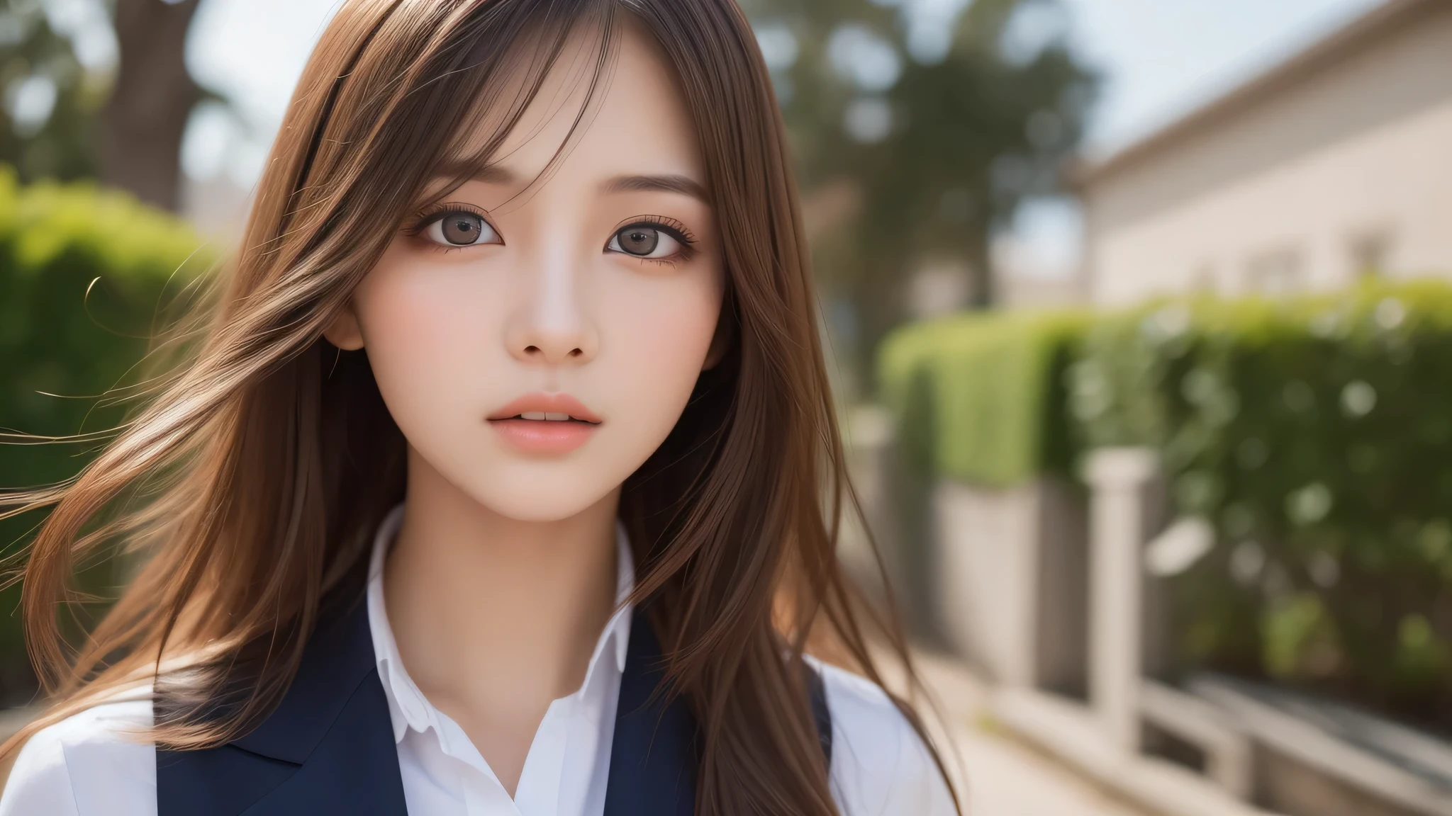 (2girl:1.3), (extremely detailed beautiful face), (highly detailed eyes, highly detailed face), (high school uniform), Fresh, very clean appearance, (best Quality:1.4), (hyper-realistic, hight resolution), Professional Photography, standing, Outdoors, Close up portrait of girl, staring at me, (Fine face:1.2), (big breasts:1.2), (bob hair),