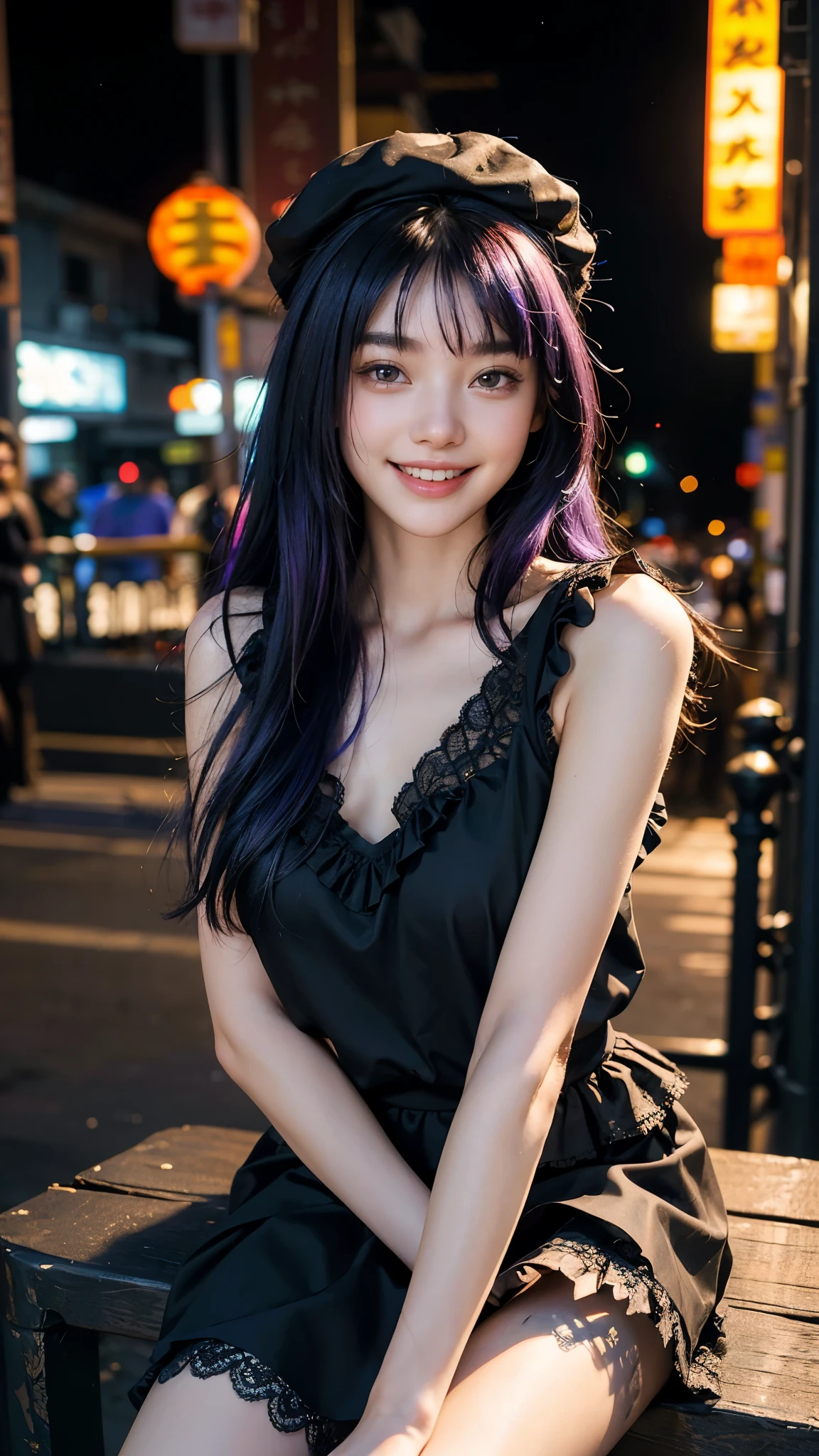 (8k,raw photos,best quality,master control:1.4),ultra high resolution,(reality,照片reality感:1.48),omertosa,1girl,(Kpop idol),(Sajiaosal:1),cute,(超级Bokeh之夜市中心:1.25)、Bokeh、night、traffic light、road signs、rain、rain后、humidity、professional lighting、detailed lighting、photon mapping、Radiosity、Physically based rendering、black绽放、backlight、depth of field、Natural light、hard focus, film grain, One meter shooting distance, Professional photography, photographed with a Sony a9 II Mirrorless Camera, Detailed eyes, Realistic purple eyes, Detailed shadows, looking at the audience, dog ears, Detailed lighting, skirt, 黑skirt, long legs, black,(Detailed hair,purple hair,Purple hair big breasts,thick braid,reality的头发,reality的灯光,reality的阴影,reality的衣服),reality的皮肤,(Gun on the waist:1),从上面reality的光反射,((behind arm)),(Hand),Tube top,sexy