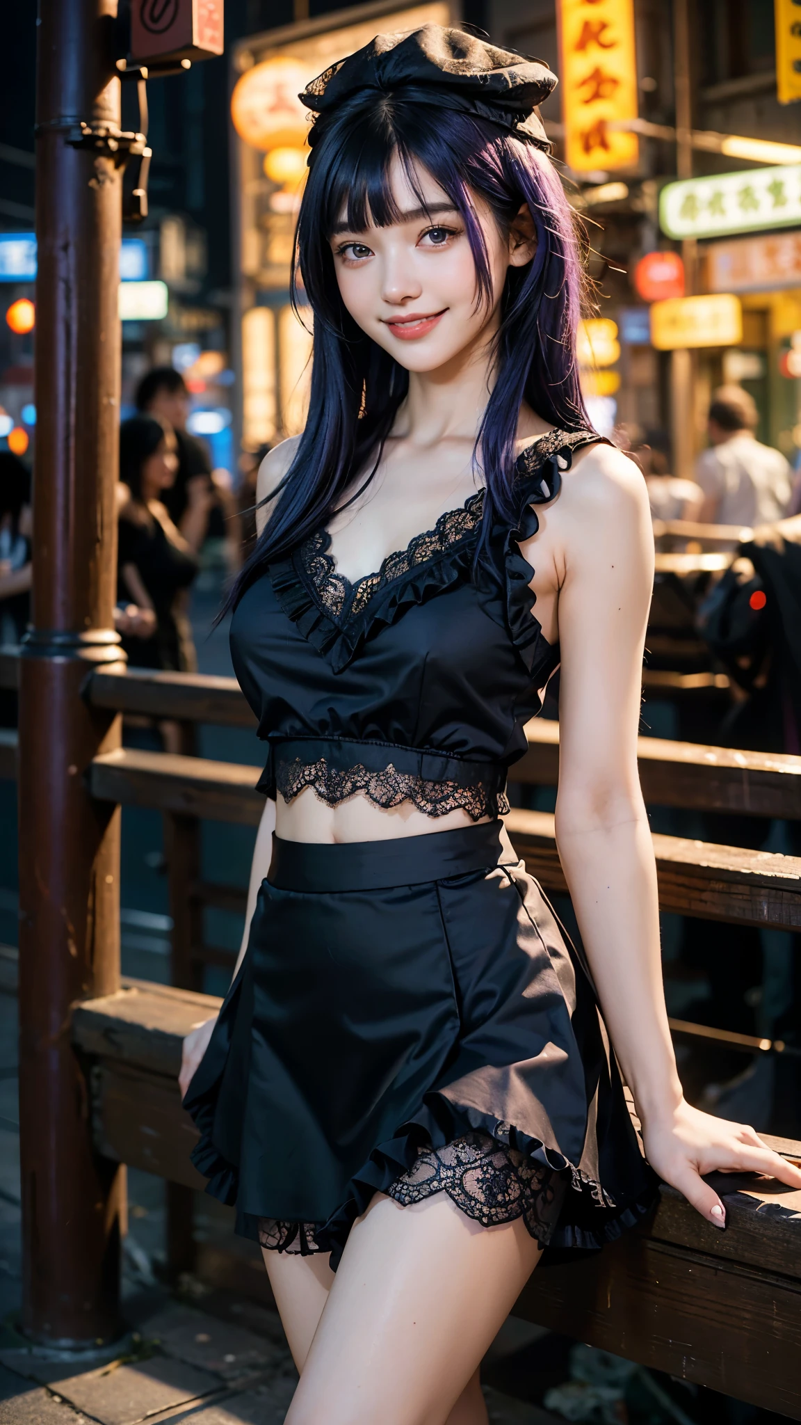 highest quality, masterpiece, Ultra-high resolution, (Realistic:1.2), (Portrait) RAW Photos, 1 girl,22 years old,No bra,((Smiling with teeth showing)),((Big smile)),((Chinatown at night)),((Black sleeveless top with frill lace,Black above knee length skirt)),((Blue-purple hair)),Messy Hair,((Cap Chestnut)),((Short bangs)),Realistic,Image Media Chest)),