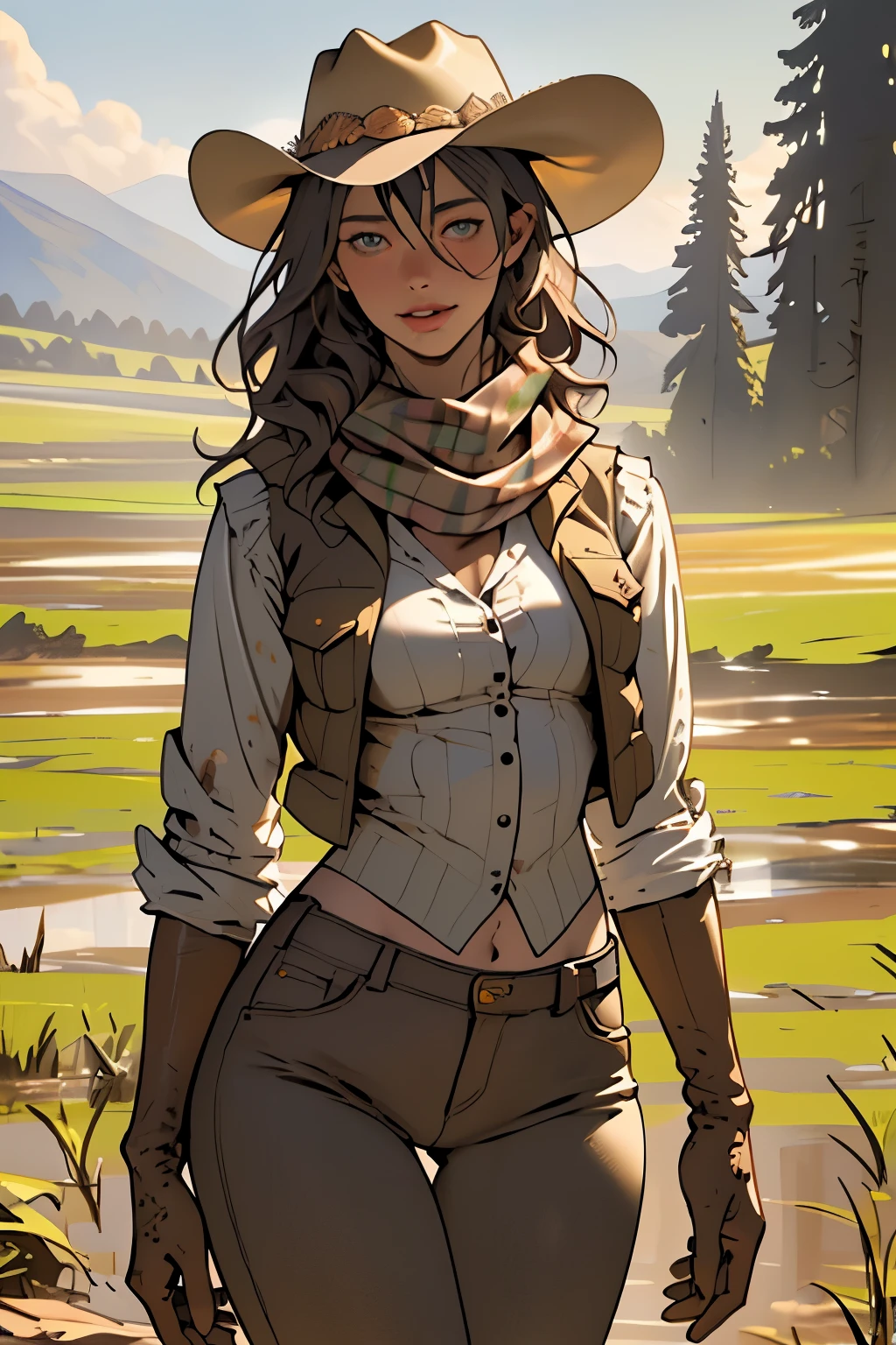 (highest quality, Super detailed, realistic:1.37), outdoor, girl, muddy, detailed and beautiful eyes, beautiful detailed lips, cowboy hat, vest with fringes, slim waist, slender thighs, thigh gap, slim thighs, show belly, pants, scarf, With confidence, medium chest, dusty farm landscape, golden hour lighting