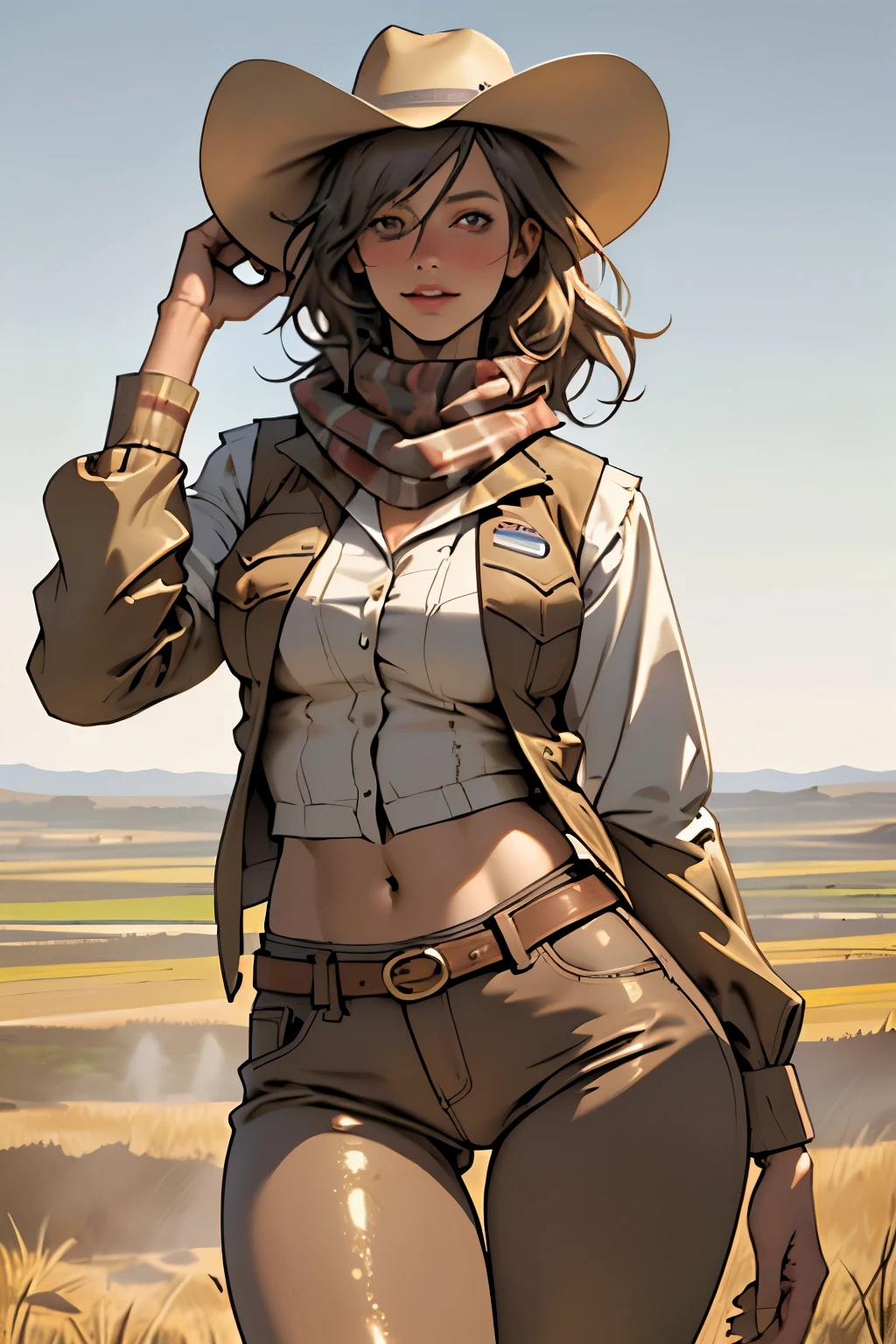 (highest quality, Super detailed, realistic:1.37), outdoor, girl, muddy, detailed and beautiful eyes, beautiful detailed lips, cowboy hat, vest with fringes, slim waist, slender thighs, thigh gap, slim thighs, show belly, pants, scarf, With confidence, medium chest, dusty farm landscape, golden hour lighting