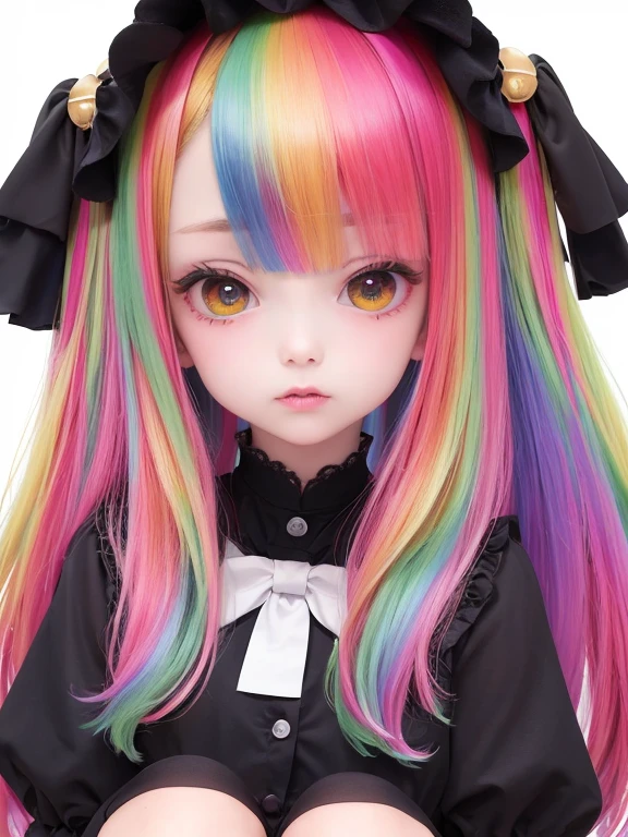 (highest quality,8k,超A high resolution,Tabletop:1.3),One Girl、Detailed fingers、((Rainbow Hair Color))、BREAK Twin Blade,Blunt Bang、Lolita Fashion、Highly detailed face、Fine grain、whole body、Knee-high socks、Black pumps、Expressionless、solo、(Plain white background)