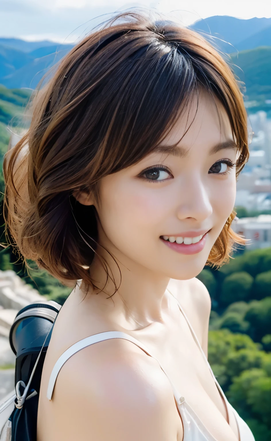 ((Perfect anatomy with detailed limbs)) ,Masterpiece,Ulzan 6500,(Realistic, photoRealistic),(((Her short hair is set in an outward curl.))),1 female,((Beautiful woman walking on the edge of a cliff with stunning views of the green valley below)),((Hiking Equipment:1.3)),4K Photos,masterpiece,最high quality,Dark Gray Background,((Her beautiful F-cup breasts and her slim coke bottle body)),大きな瞳にHigh noseの完璧な顔,((A girl with brown eyes and beautiful hair)),Highly detailed face,Fine grain,Embarrassing,smile,summer,Daytime,Hiking boots,Full body portrait,dramatic,Ultra-high resolution,Realistic:1.4,(Skin with attention to detail:1.2),4K Ultra HD,Digital SLR,high quality,Film Grain,Fujifilm XT3,A scene from a classic movie,(Saiharu Body),(Delicate eyes and face),Professional angle,Excellent detail,Beauty condensed in 1girl,Beautiful chestnut-colored bouncy hair,繊細でHigh noseを持つ美しい顔,Long limbs like a model,Tight waist,High nose, Clear chestnut eyes, Glossy lips,
